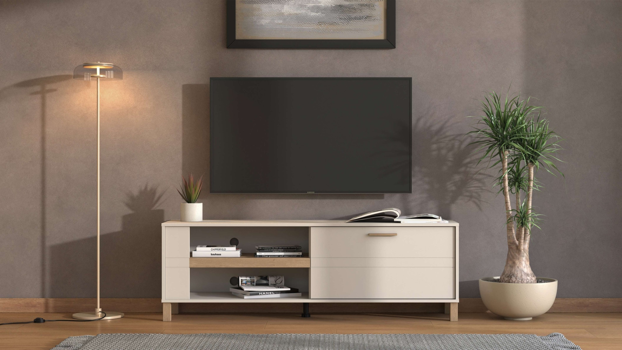Home affaire TV-Board »Sheffield TV-Bank, TV-Schrank, TV-Lowboard, TV-Möbel, Breite 157 cm«, Klapptür, 2D-beschichtetes MDF-Profil, Heißprägedetails