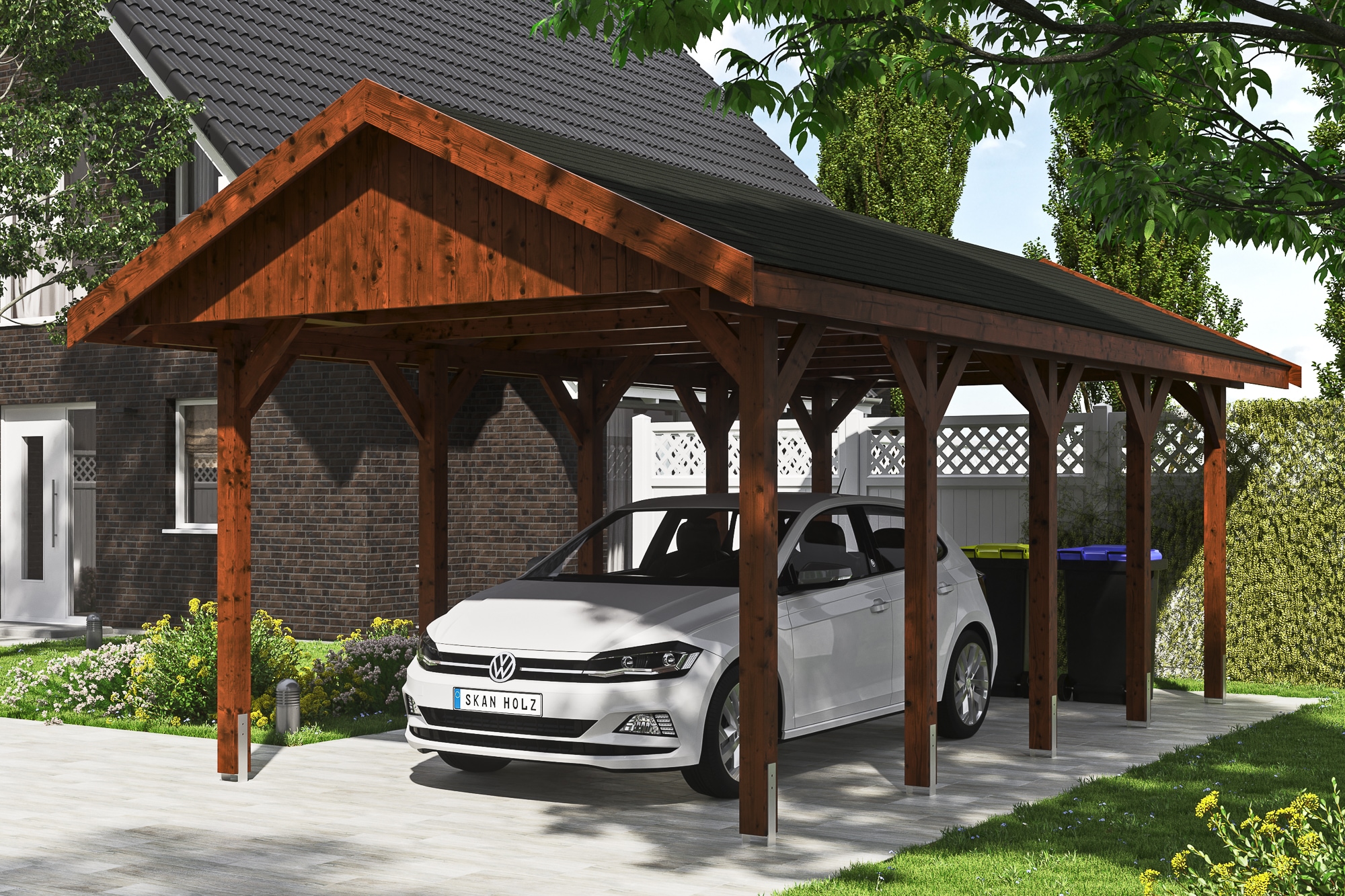Skanholz Einzelcarport »Wallgau«, Nadelholz, 291 cm, Nussbaum, mit schwarzen Dachschindeln