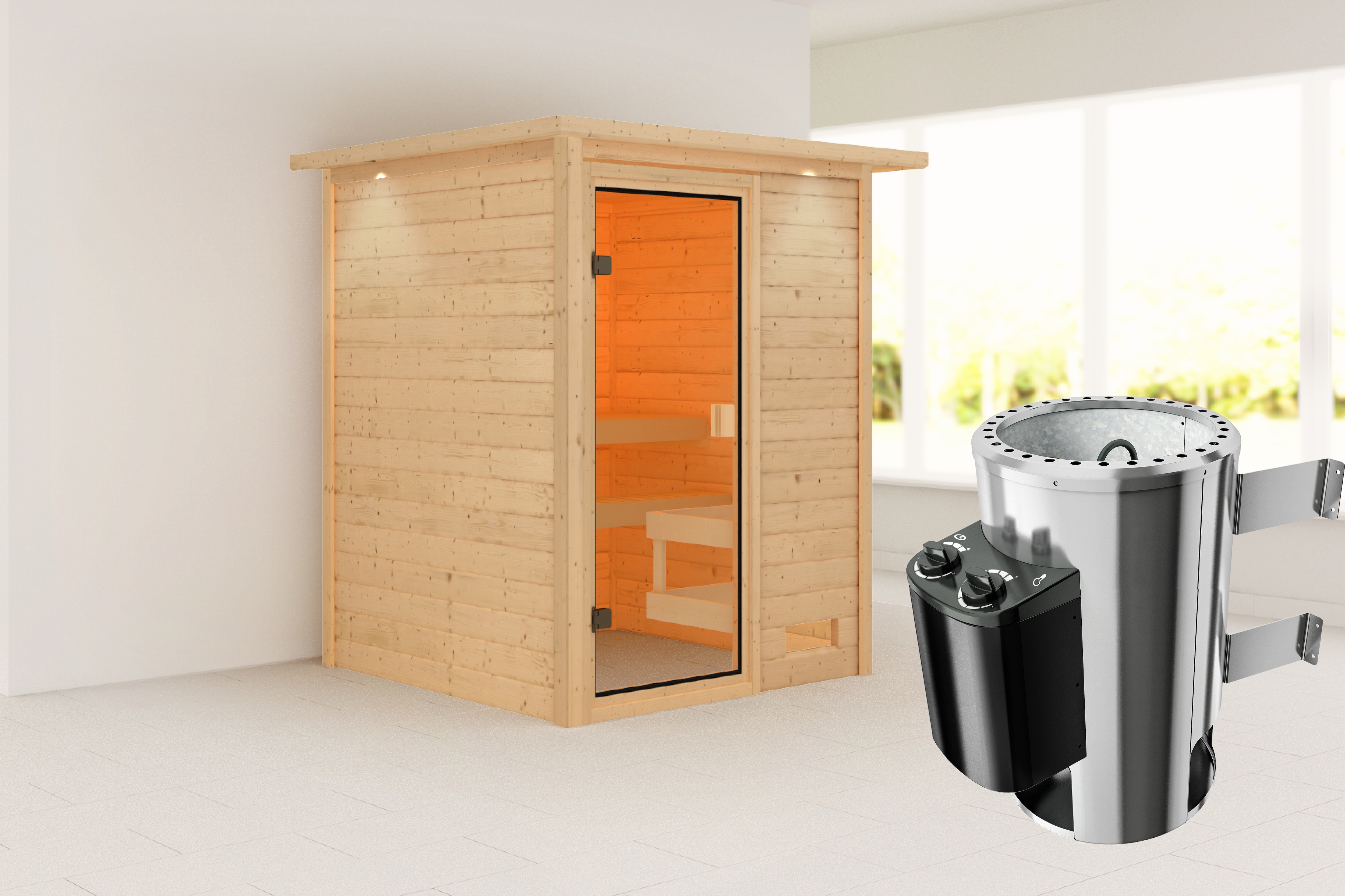 Karibu Sauna ""Sandy" mit bronzierter Tür und Kranz, naturbelassen" aus hochwertiger nordischer Fichte