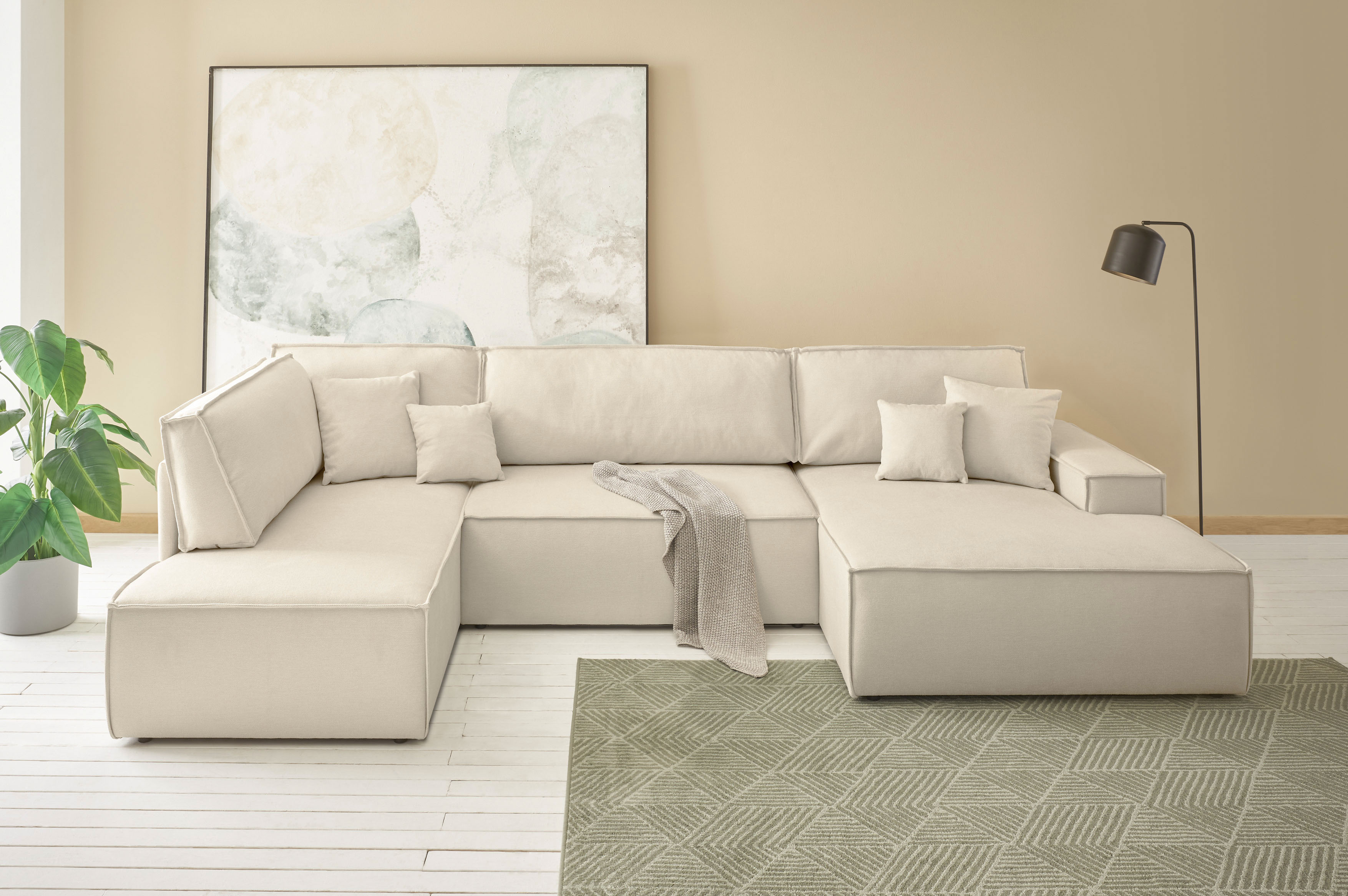OTTO home Wohnlandschaft "FINNLEY Strurktur fein U-Form XXL 329 cm" Schlafsofa, Bettkasten, in Bouclé, Struktur fein und Mega Cord