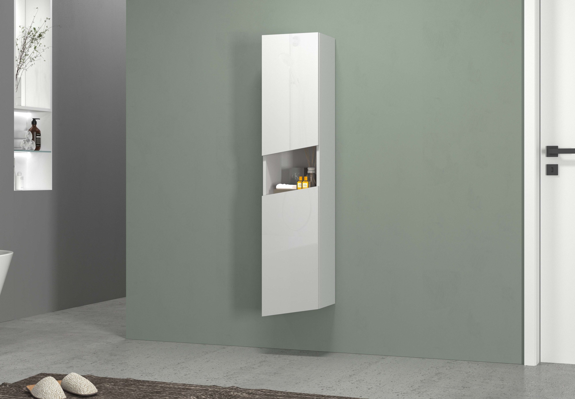 welltime Hochschrank »Vela, Hochschrank, Badschrank schmal, Badezimmerschrank, hängend« 1 Stk. tlg. Breite 30 cm, 2 hochglanzlackierte Türen, 5 verstellbare Fächer