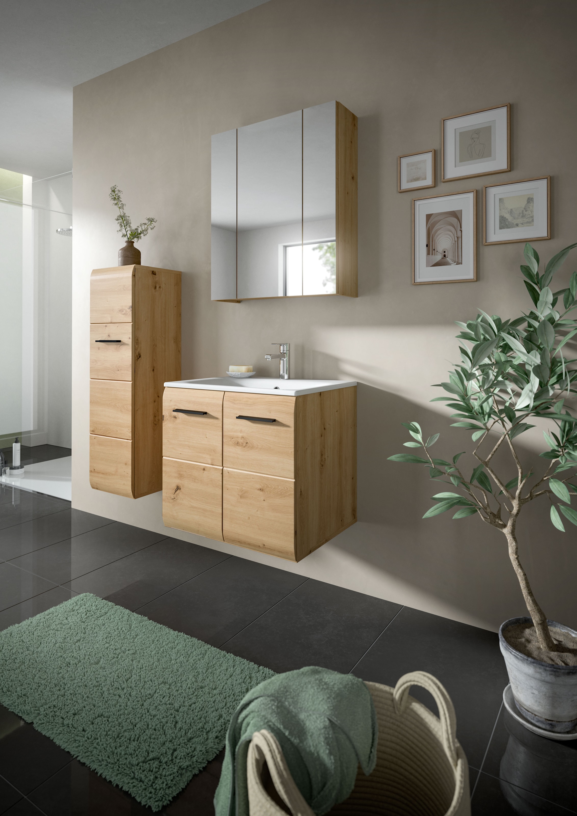 INOSIGN Badezimmer-Set, (Set, 3 St.), Florenz, Badkombination 3-tlg., Artisan Oak NB, inkl. Waschbecken