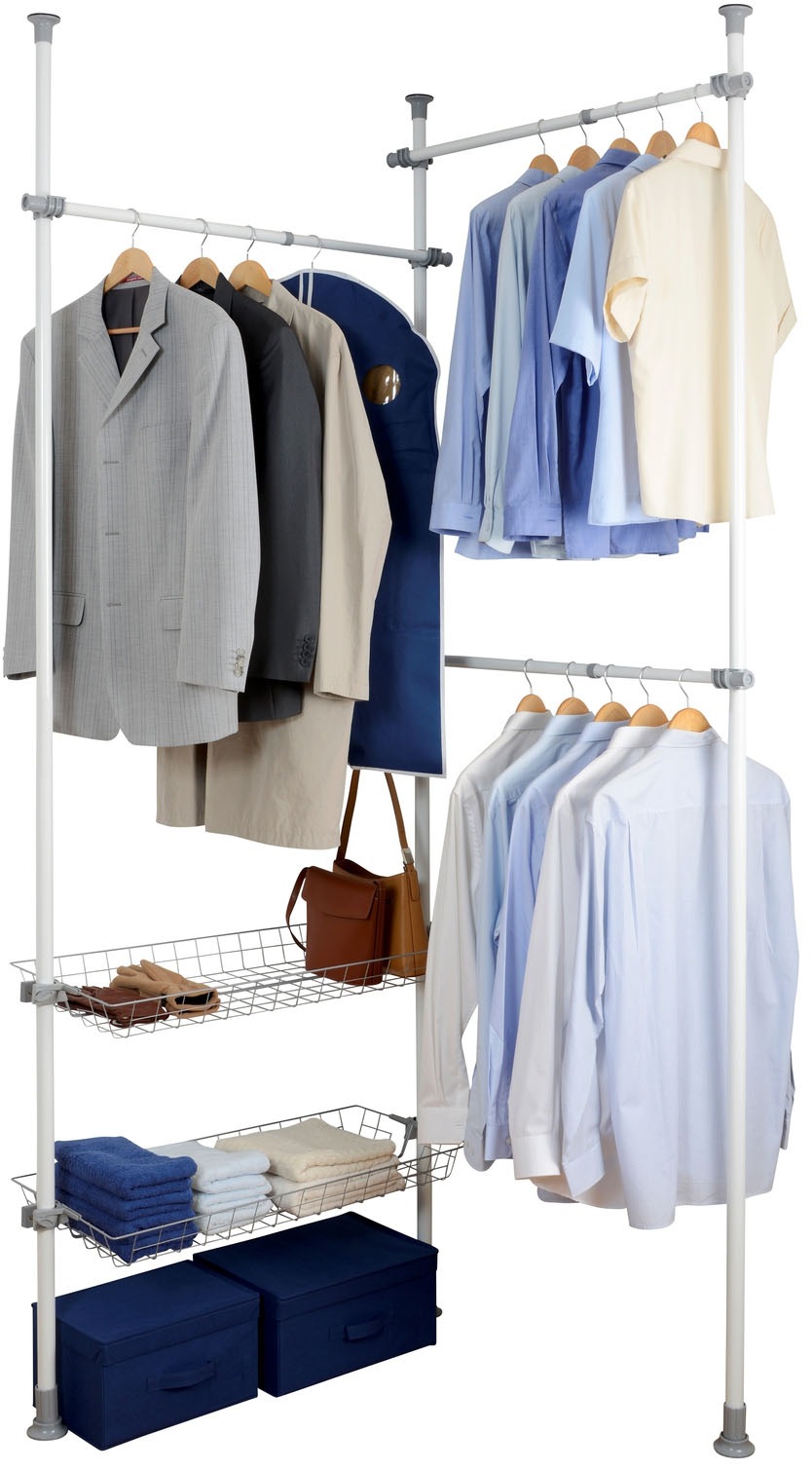 Thumbnail - WENKO Teleskopregal "Modell Herkules Duo" zum Klemmen ohne Bohren, verstellbar, mit 3 Kleiderstangen & 2 Körben