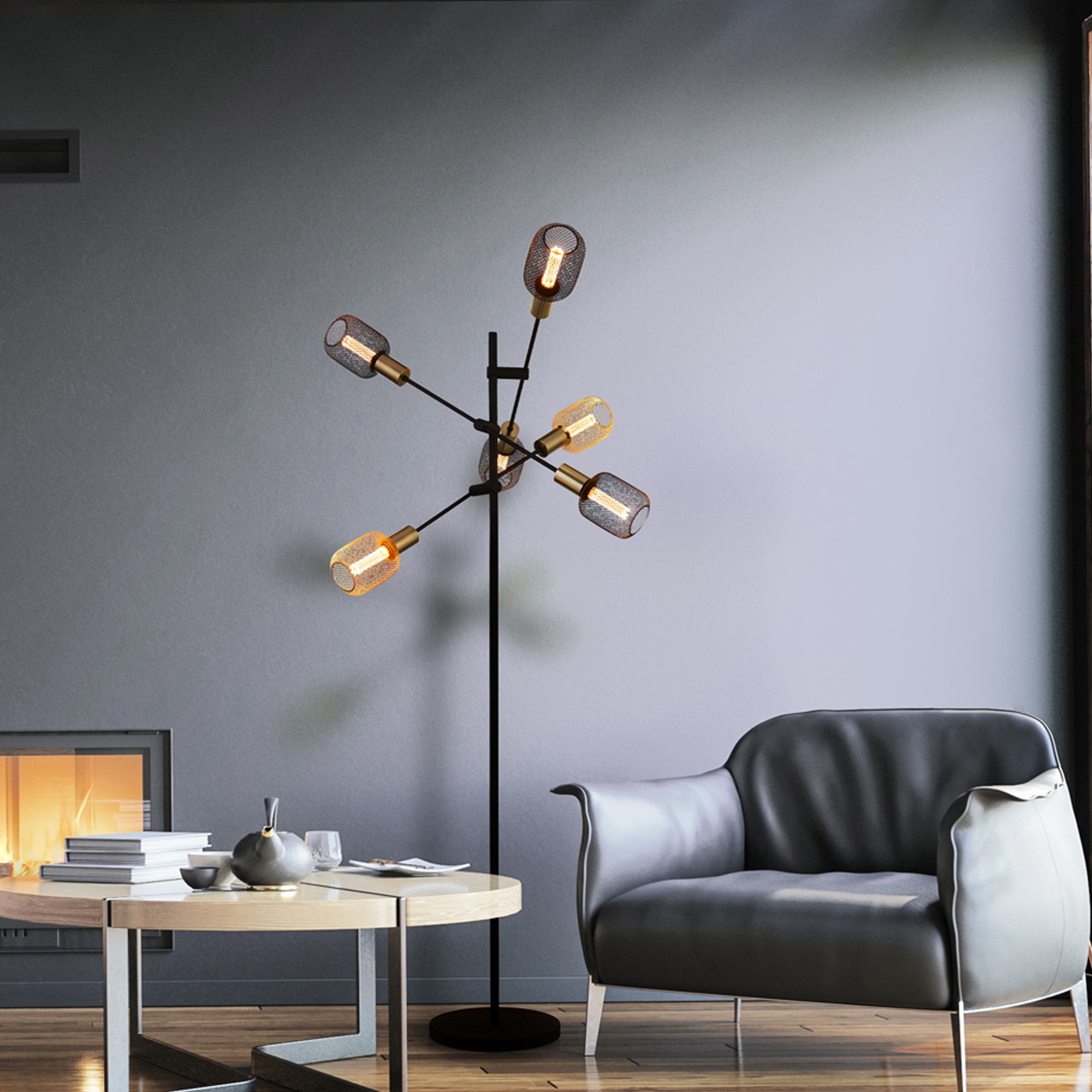 Searchlight Stehlampe »Armstrong 6Lt Floor Lamp - Black & Satin Brass Metal« E27 1 Stk.