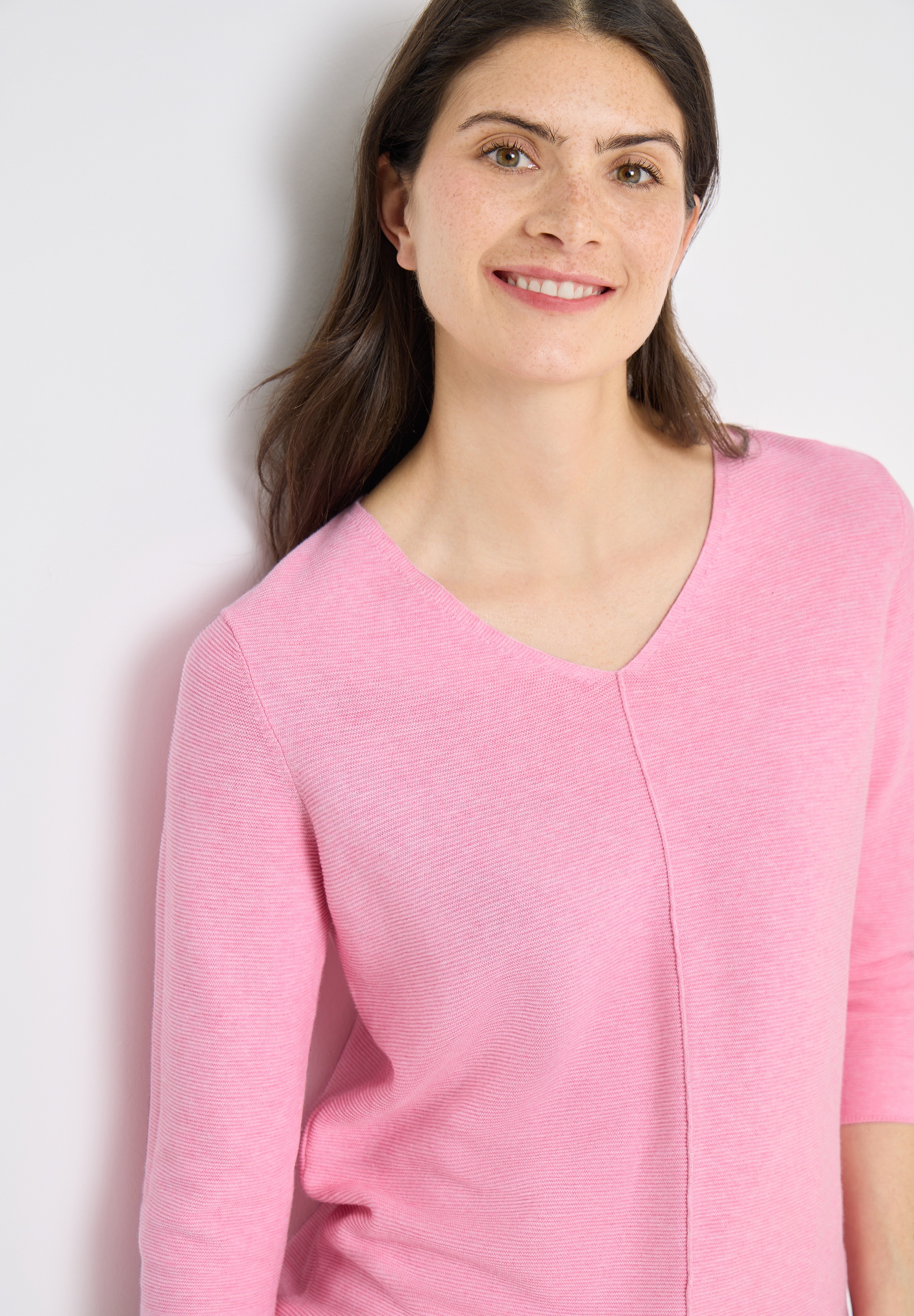 Strickpullover CECIL, Damen, Gr. M (40), flamingo rose, Strick, Obermaterial: 60% Baumwolle, 40% Viskose, unifarben, lässig geschnitten hüftbedeckend, V-Ausschnitt, abgesteppte Kante, Pullover Strickpullover, 3/4-Arm mit Viskose 6