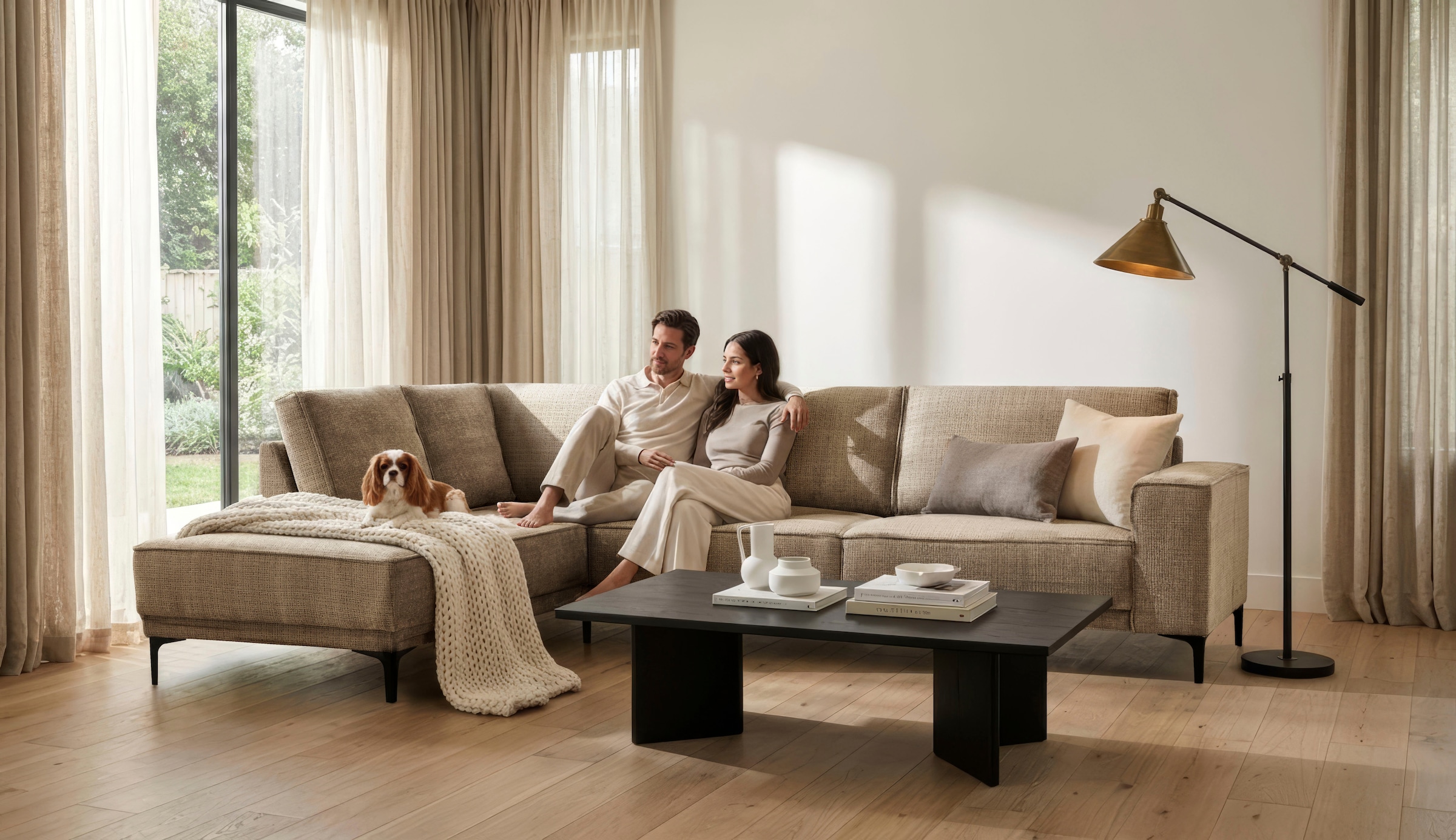 OTTO home Ecksofa "OLAND Chenille L-Form, B: 289 cm, Skandi-Design" Struktur, Flachgewebe, Luxus-Microfaser, Boucle