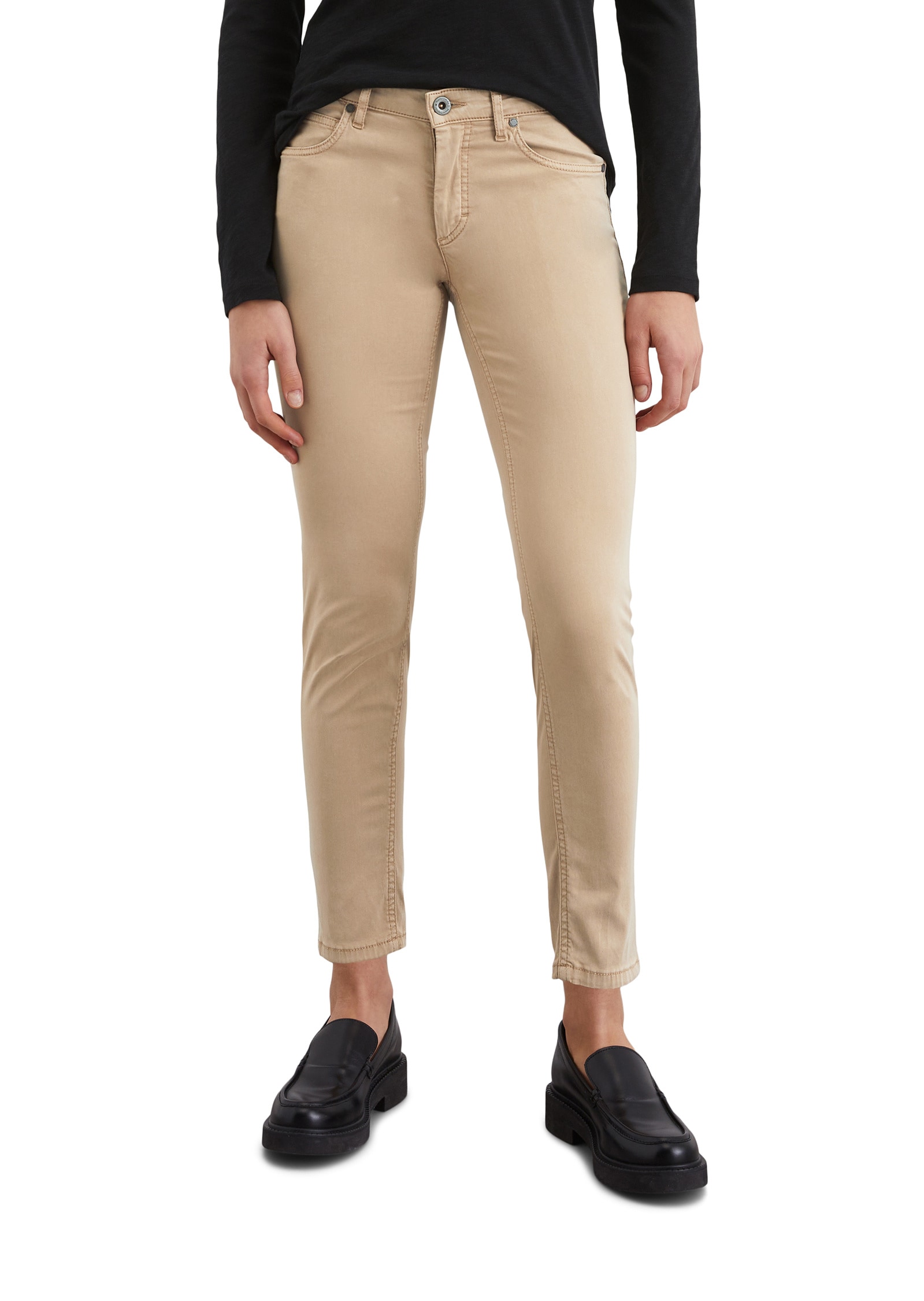 5-Pocket-Hose MARC O'POLO "aus Lyocell-Baumwolle-Mix", Damen, Gr. 33, Länge 34, beige (norse sand), Obermaterial: 64% Lyocell, 32% Baumwolle, 4% Elasthan, unifarben, slim fit kurz, Hosen 5-Pocket-Jeans