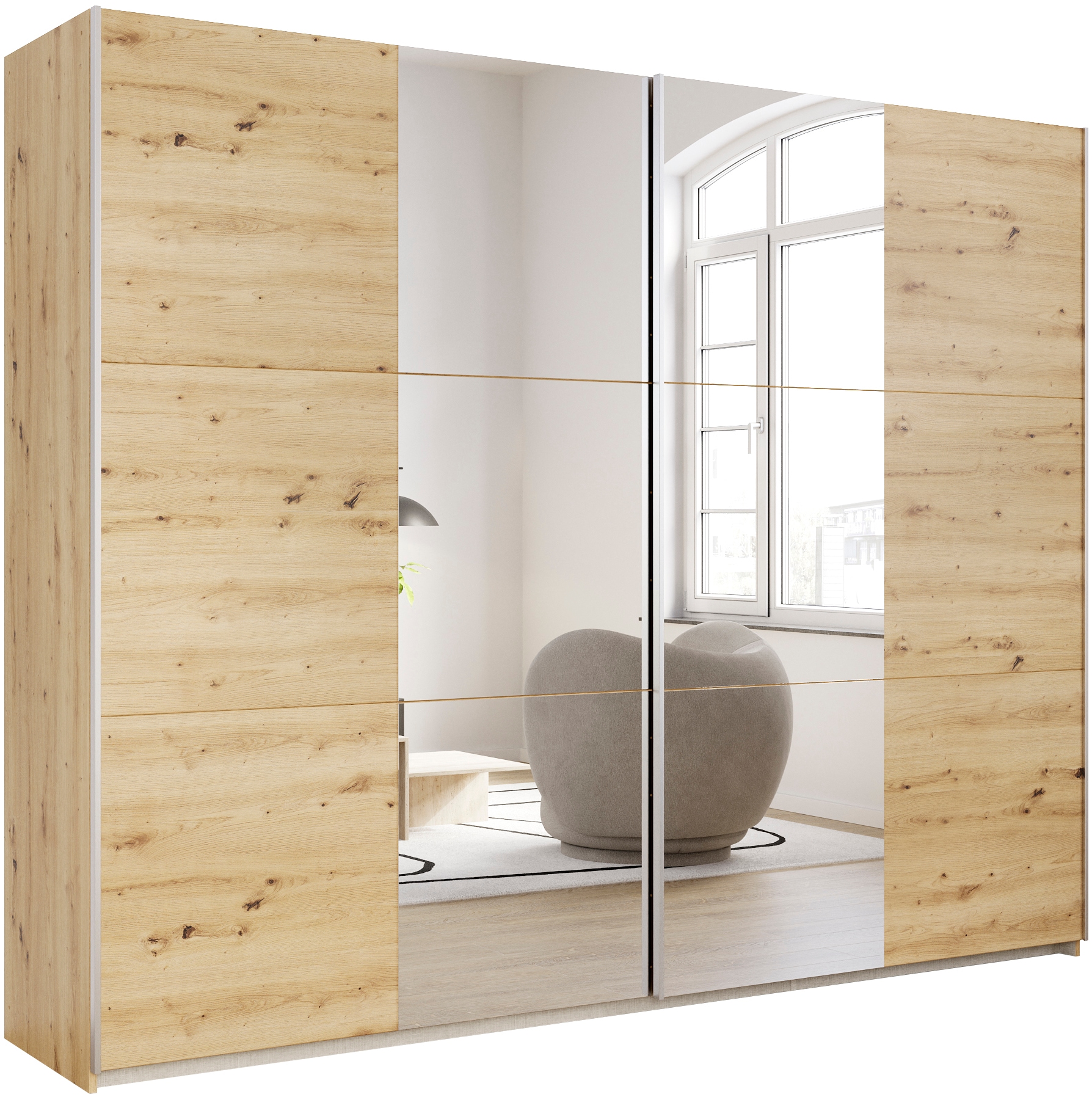 rauch Schwebetürenschrank "Kleiderschrank Drehtürenschrank Schrank Garderobe KRONACH" in 3 Ausstattungen BASIC/CLASSIC/PREMIUM, Breiten 131/175/218/261 cm, optional ohne, mit 1 oder 2 Spiegel, viel Stauraum MADE IN GERMANY