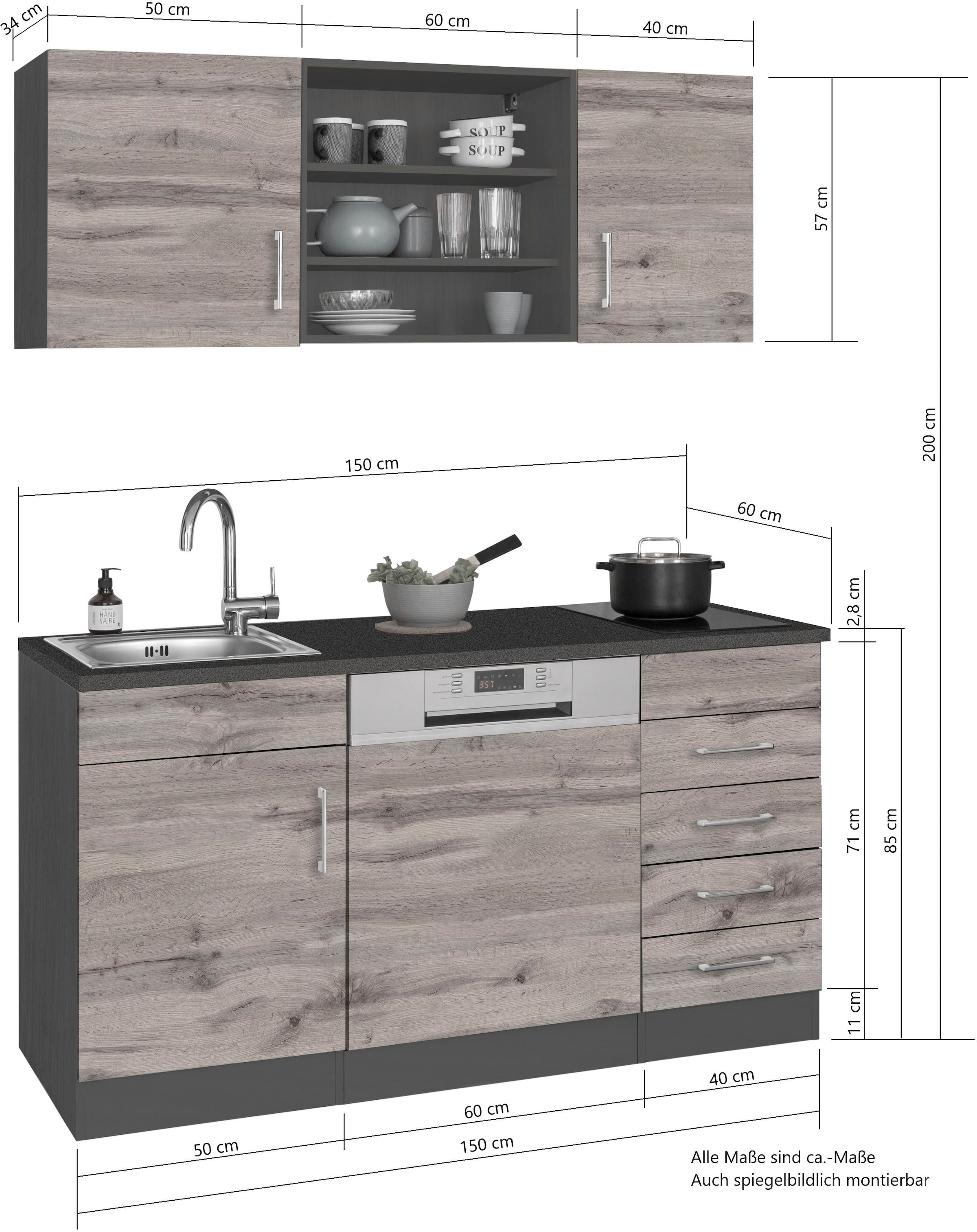 HELD MÖBEL Pantryküche »Mali«, Breite 150 cm, mit E-Geräten