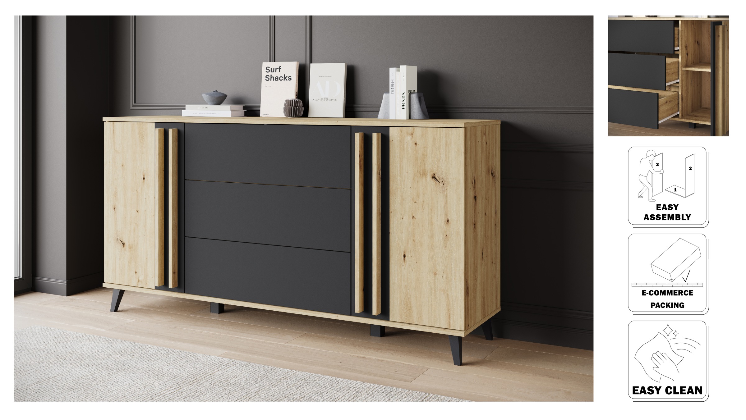 INOSIGN Sideboard »Helsinki, Kommode mit 2 Türen und 3 Schubladen, Breite 150 cm«, (1 St.), Push-to-Open-Schubladen, höhenverstellbare Einlegeböden
