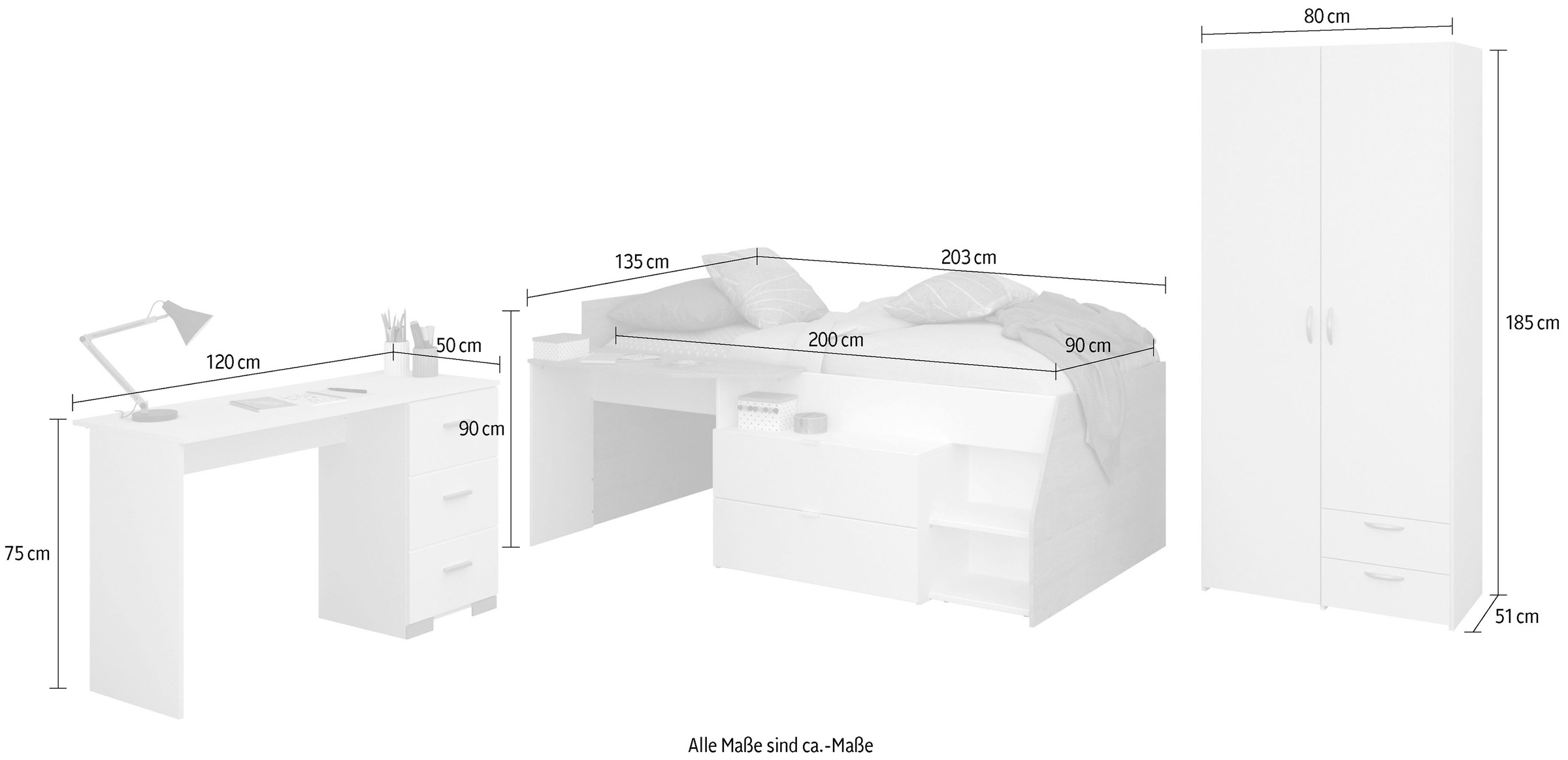 Parisot Jugendzimmer-Set »Parisot Milky 13«, (3 tlg.), viel Stauraum, halbhohes Hochbett