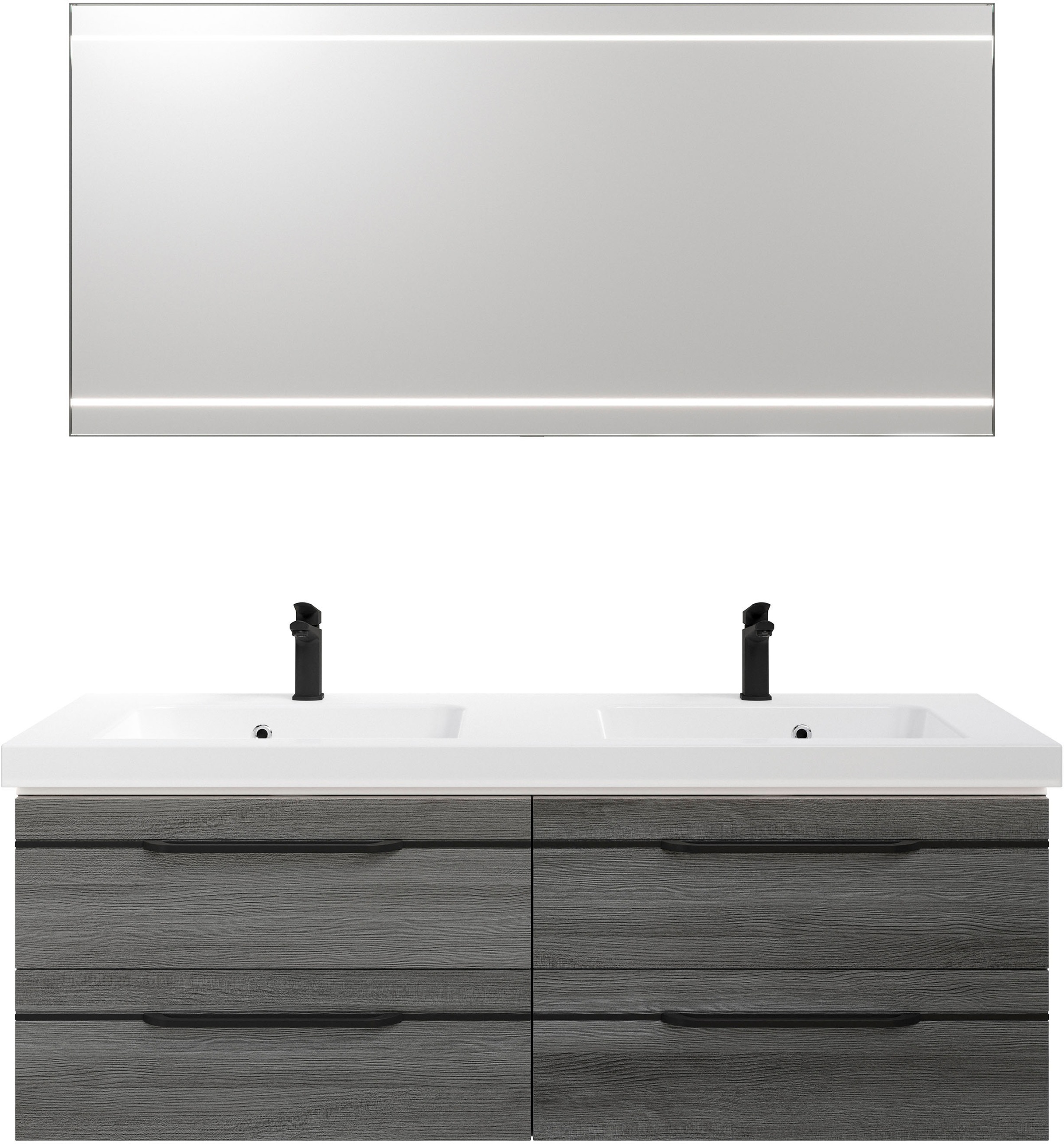 Saphir Badmöbel-Set »Balto 2-teilig Mineralmarmor-Doppelwaschtisch mit LED-Spiegel«, (2 St.), Waschplatz 150 cm breit, 4 Schubladen, inkl. Schubladendämpfer