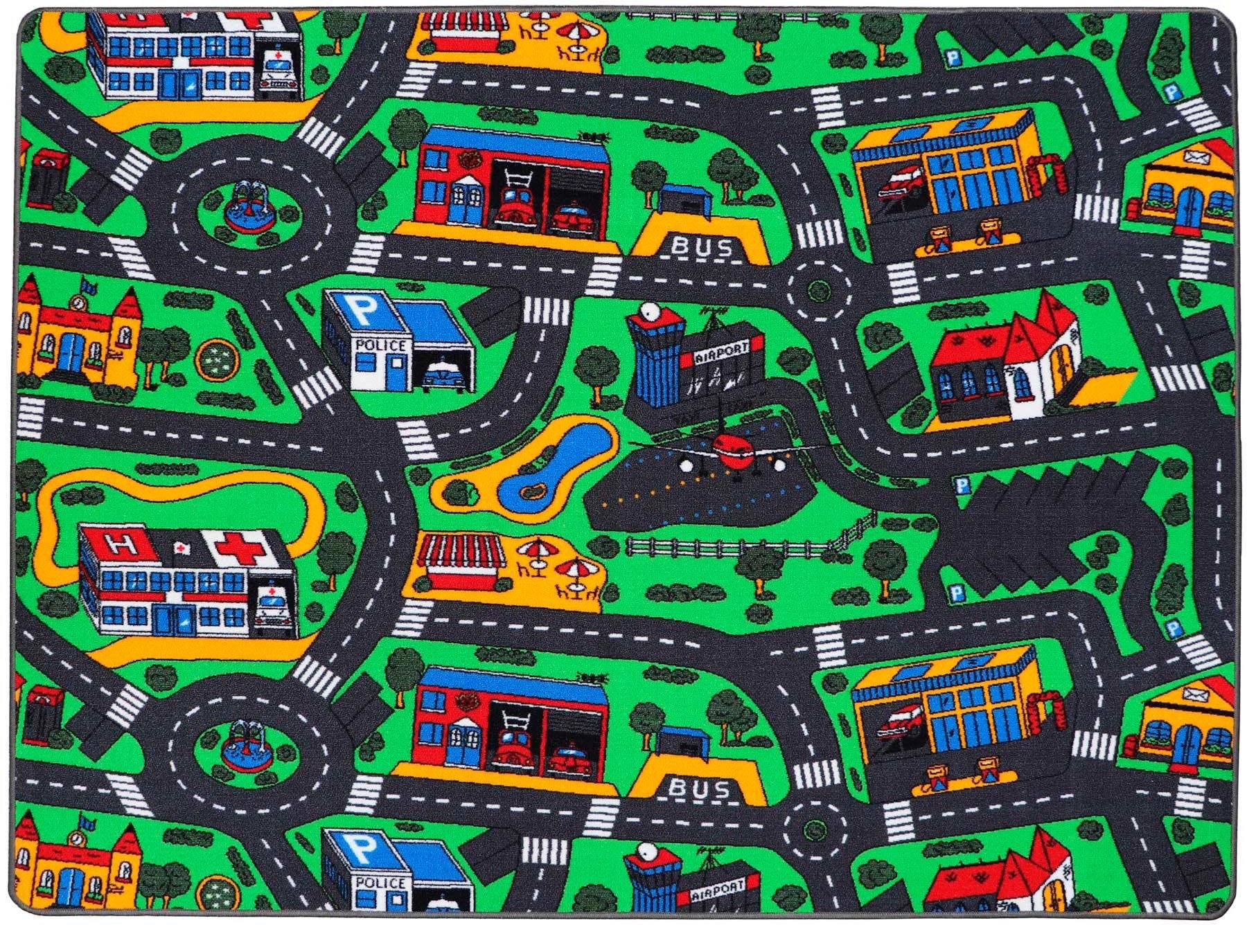 Primaflor-Ideen in Textil Kinderteppich "CITY", rechteckig, 5 mm Höhe, Straßen-Spiel-Teppich, Straßenbreite ca. 9 cm, Ki