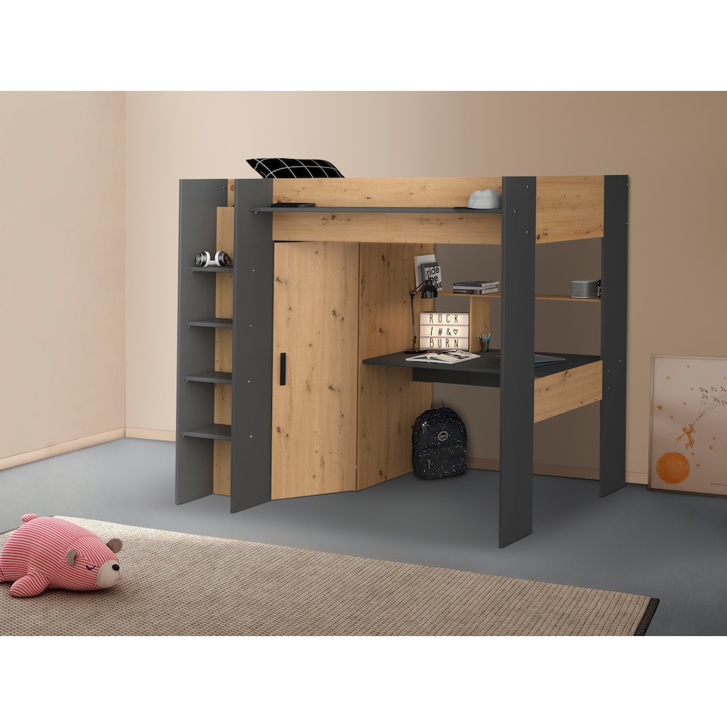 Parisot Hochbett »Heavy«, ALL-IN-ONE, mit Kleiderschrank, Schreibtisch, Leiter, Stauraum