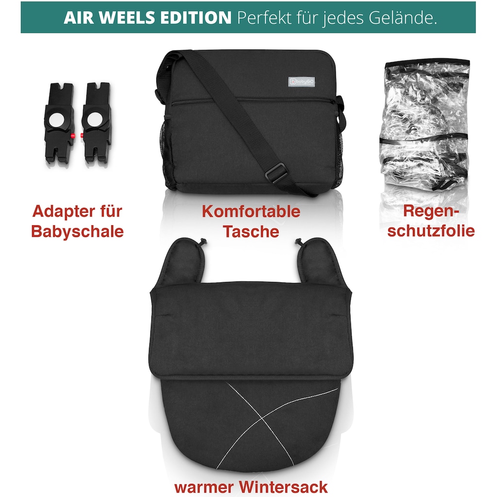 BabyGo Kombi-Kinderwagen »Halime AIR 3in1, Anthracite Black«, mit Luftreifen, inkl. Babywanne, Babyschale, Regenhaube & Wickeltasche