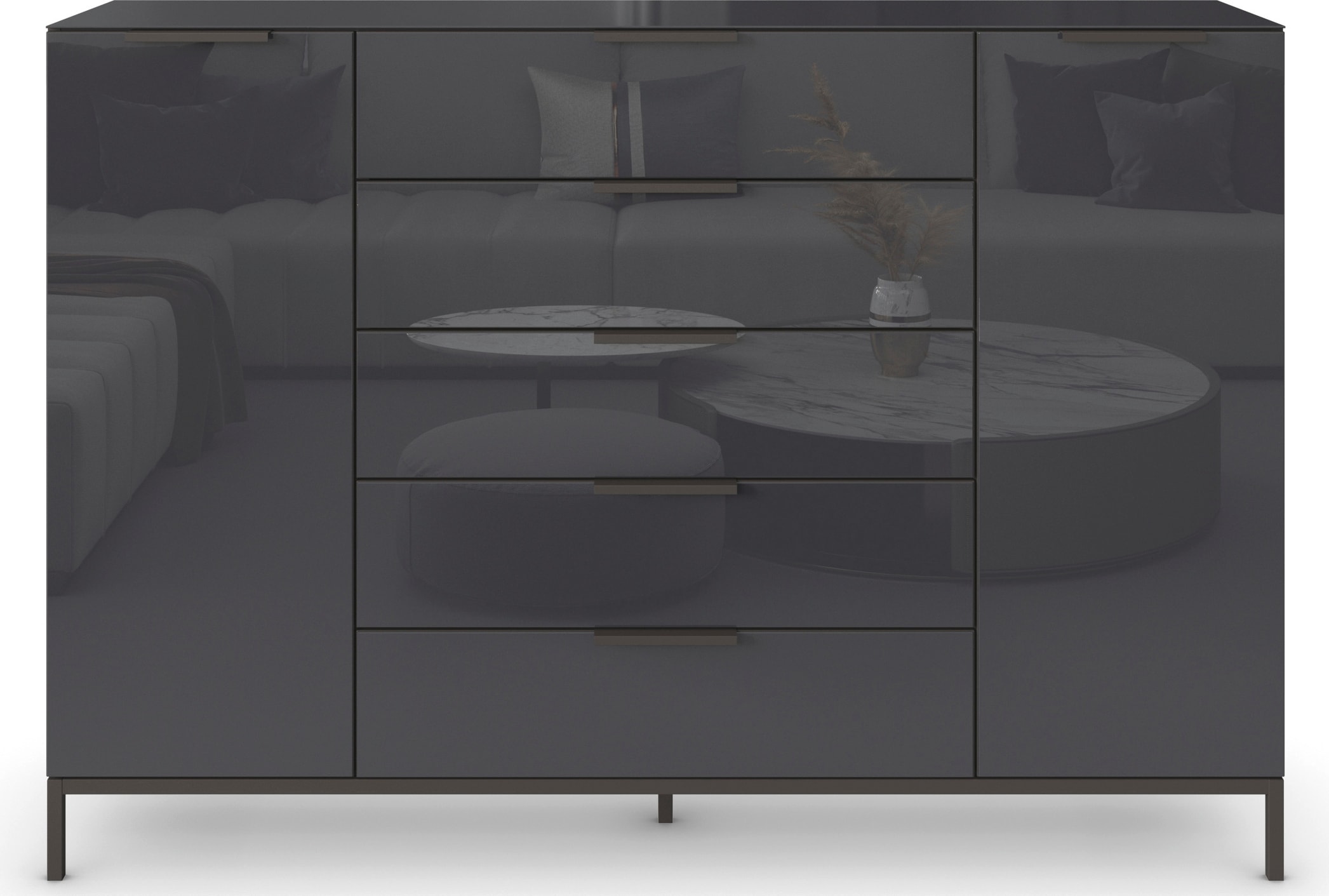 rauch Schubkastenkommode »Kommode Türkommode Sideboard Kombikommode FLIPP mit Glasfront«, (Breite 160/180 cm mit 4 Einlegeböden), 2-türig, 5 Schubladen, Soft-Close, Oberboden und Front Glas, 2 Breiten