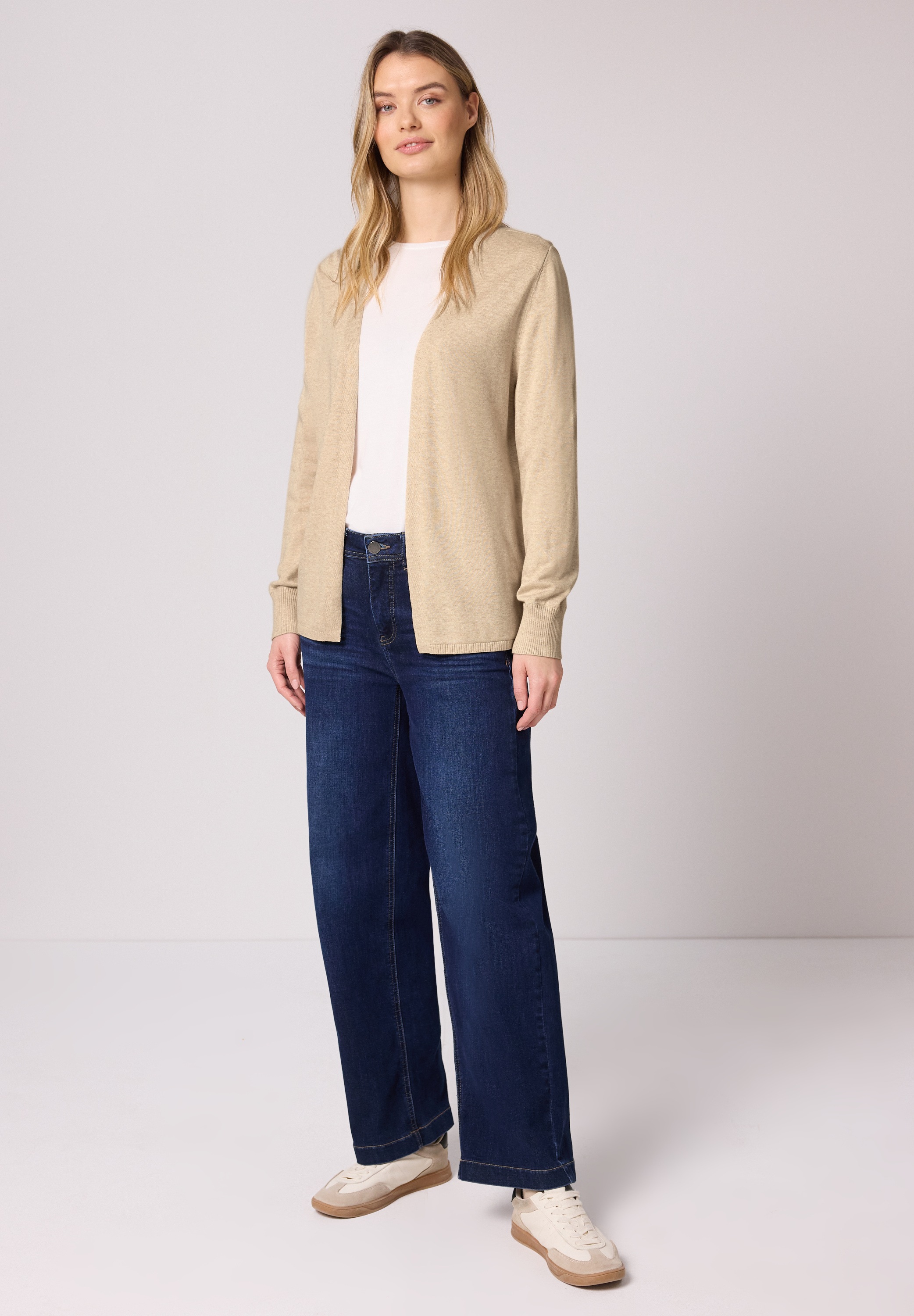 Cardigan STREET ONE, Damen, Gr. 36, cotton beige meliert, Stoff, 60% Viskose, 40% Baumwolle, unifarben, comfort fit normal, V-Ausschnitt, Bündchen, Strickjacken, mit Strick-Detail 2