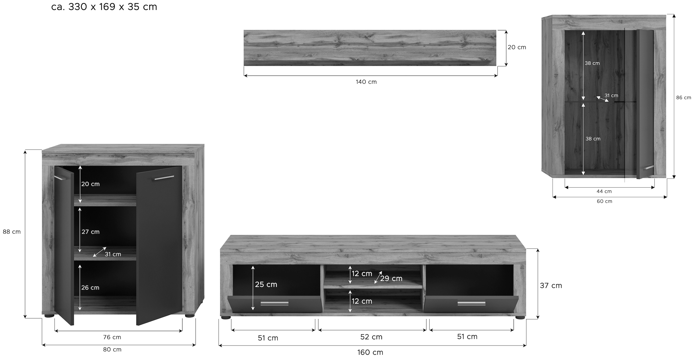 INOSIGN Wohnwand »Aosta, 4-tlg., best. aus: Highboard, Lowboard, Wandboard & Vitrine«, (4 St.), Wohnwand, Kombination, Anbauwand, Möbel Set, Schrankwand, Möbel Kombi