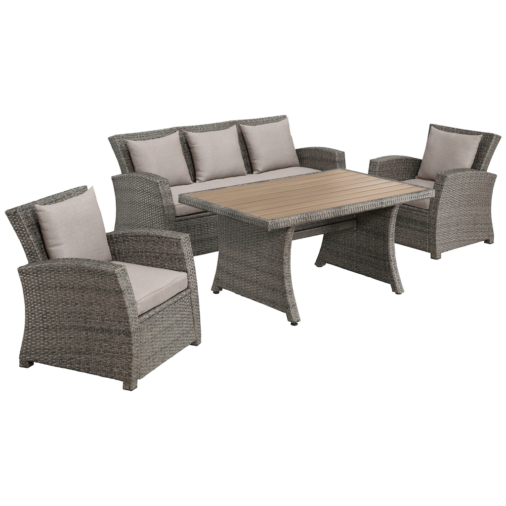 KONIFERA Gartenlounge-Set »Siros«, (Set, 12 tlg., 1x 3er Sofa, 2x Sessel, 1x Tisch 135x82x65cm, inkl. Auflagen), Polyrattan, Stahl, Tischplatte aus Nonwood, geeignet für 5 Personen