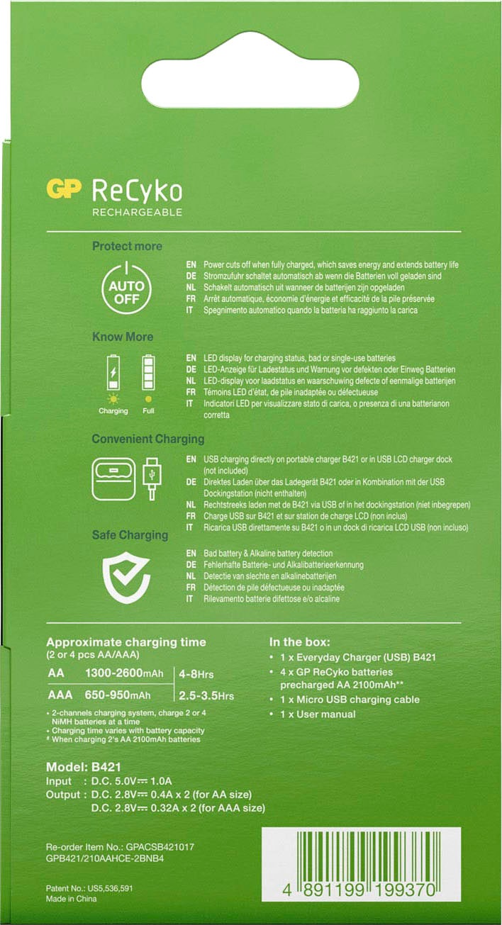 GP Batteries Akku-Ladestation »USB-Akkuladegerät B421 inkl. 4x ReCyko AA Akkus je 2100 mAh«