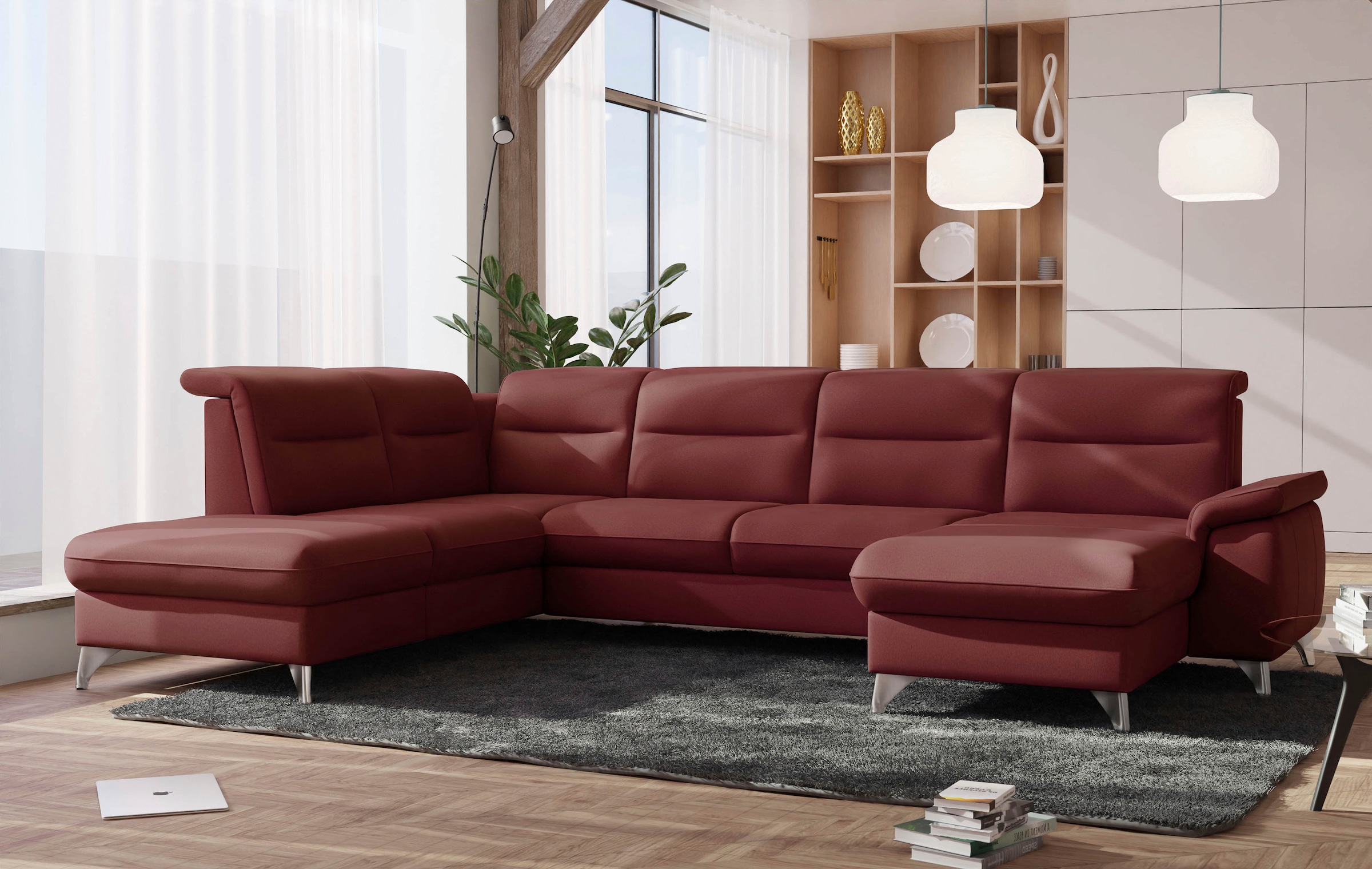 Wohnlandschaft SIT & MORE "Astoria U-Form", rot (bordeaux), B:327cm H:91cm T:225cm, 100% Polyester, Sofas, Wohnlandschaft, wahlweise mit motorischer Relaxfunktion 7