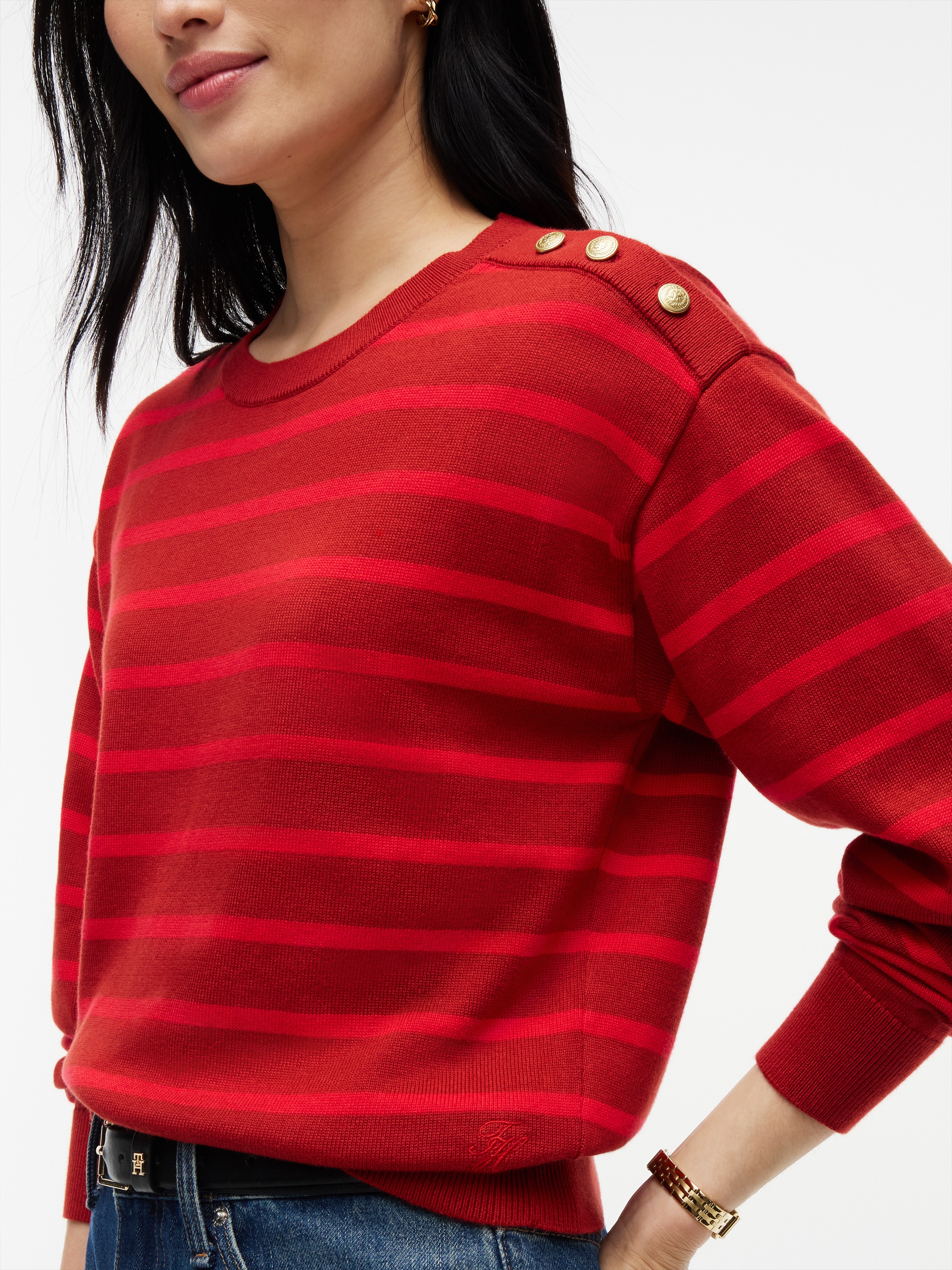 Tommy Hilfiger Strickpullover »STRIPED SCRIPT LOGO SWEATER LS« Baumwolle, goldfarbene Zierknöpfe