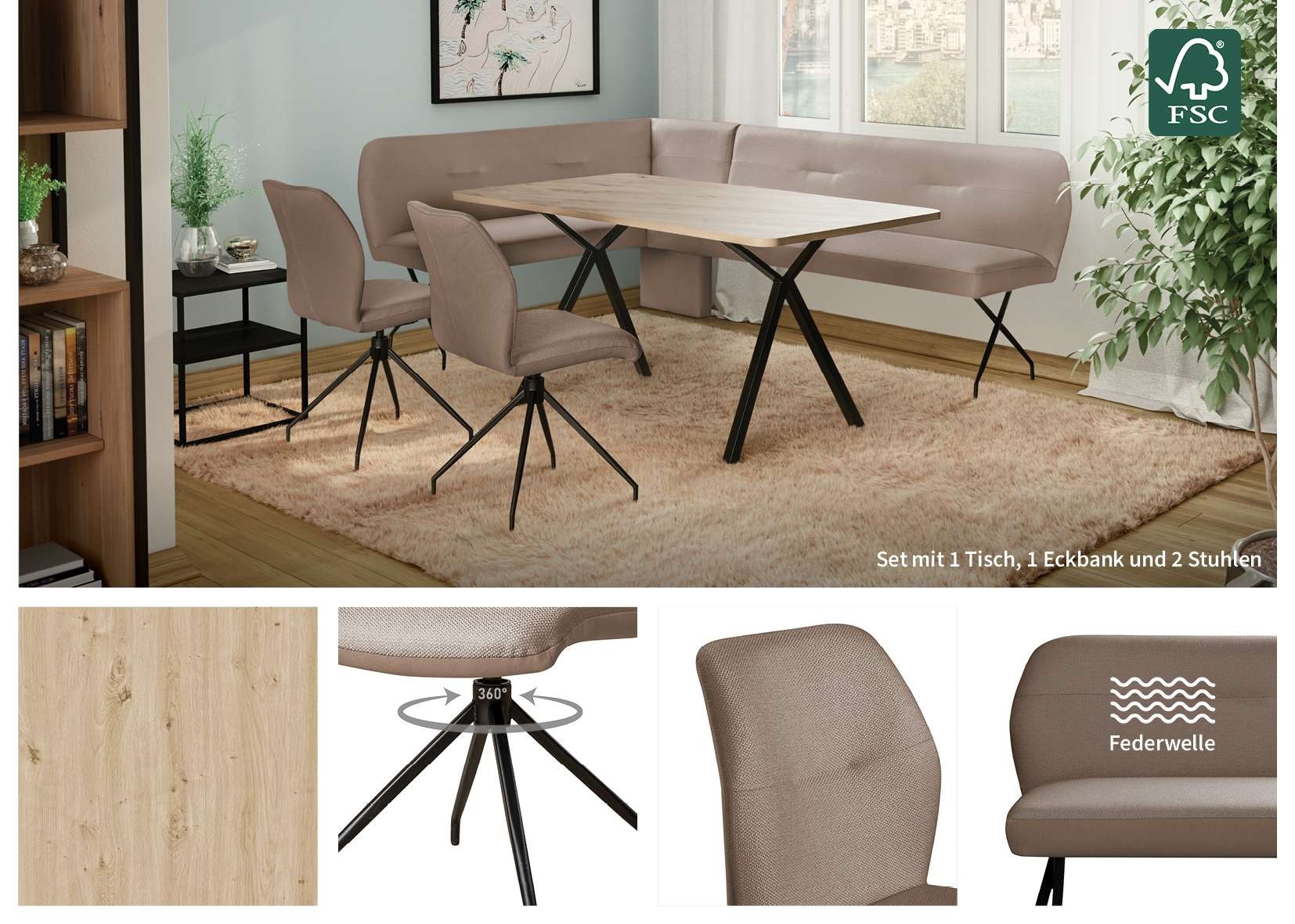 Home affaire Eckbankgruppe »Gabi Essecke, Sitzgruppe, Eckbankgruppe, Küchenbankgruppe« Set, 4tlg, 4 tlg. tlg. Stuhl: 360° drehbar (Rückst.), 2-Stoff-Design. Wellenfederung Eckbank