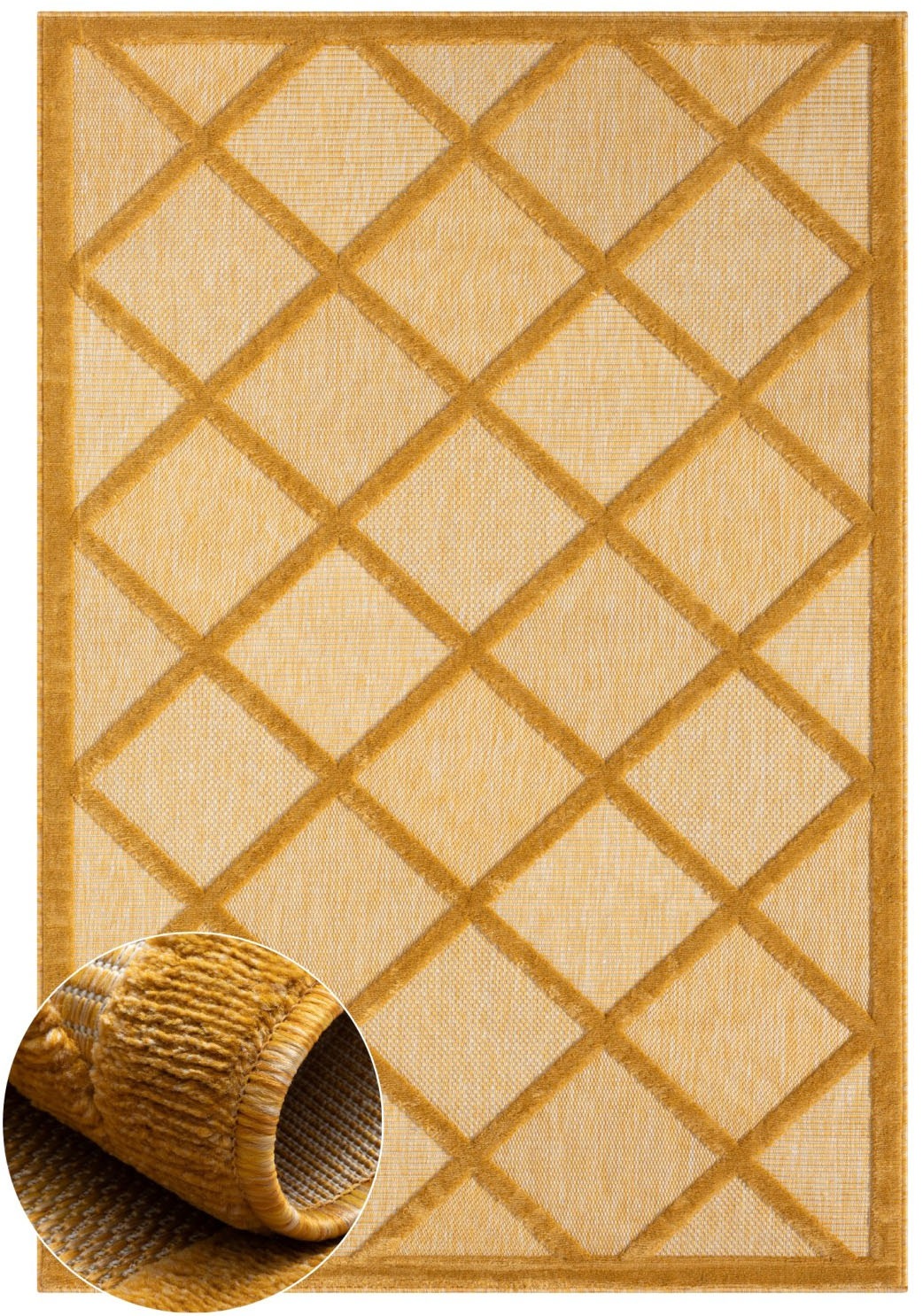 Teppich "Amara, LAGERRÄUMUNG", gelb, B:160cm H:8mm L:230cm, Polypropylen, MYFLAIR MÖBEL & ACCESSOIRES, Teppiche, Teppich, Uni Farben, Hoch-Tief Effekt, Outdoor geeignet, Balkon, Terrasse 3
