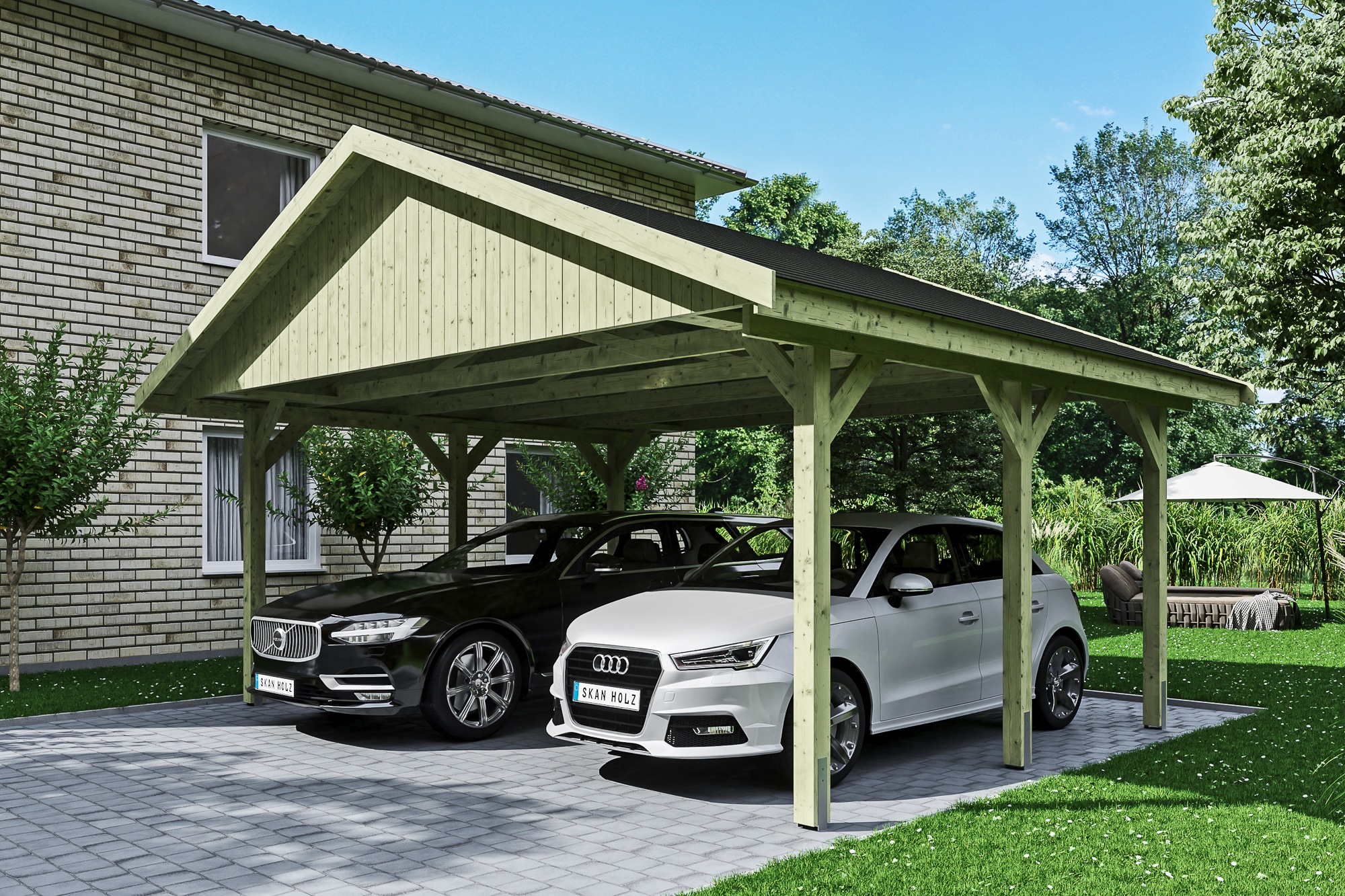 Skanholz Doppelcarport »Wallgau«, Nadelholz, 530 cm, Grün, mit schwarzen Dachschindeln