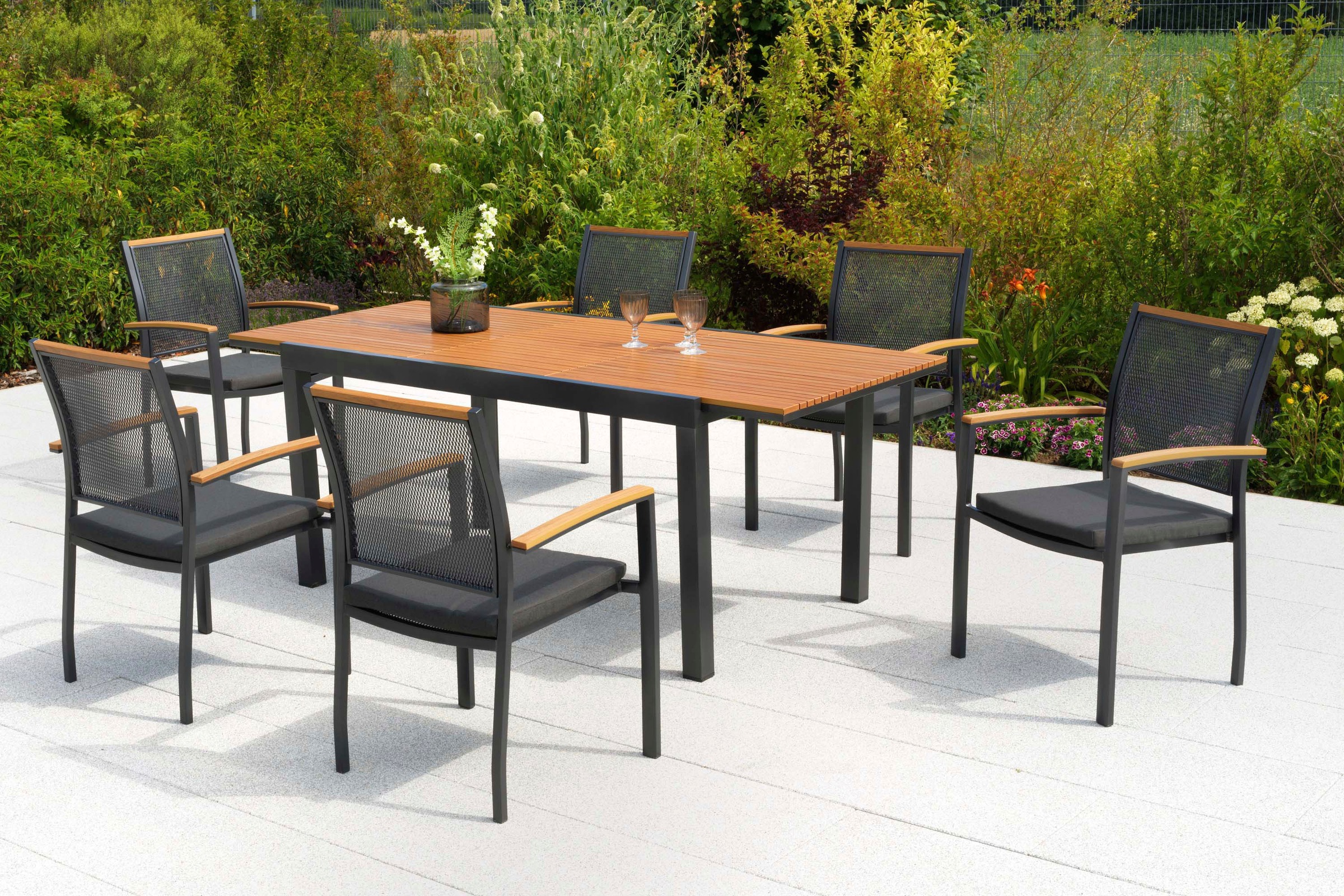 MERXX Garten-Essgruppe »Itanos« Set, 13 tlg. inkl. 6 Stapelsessel. 6 Auflagen, 1 Ausziehtisch