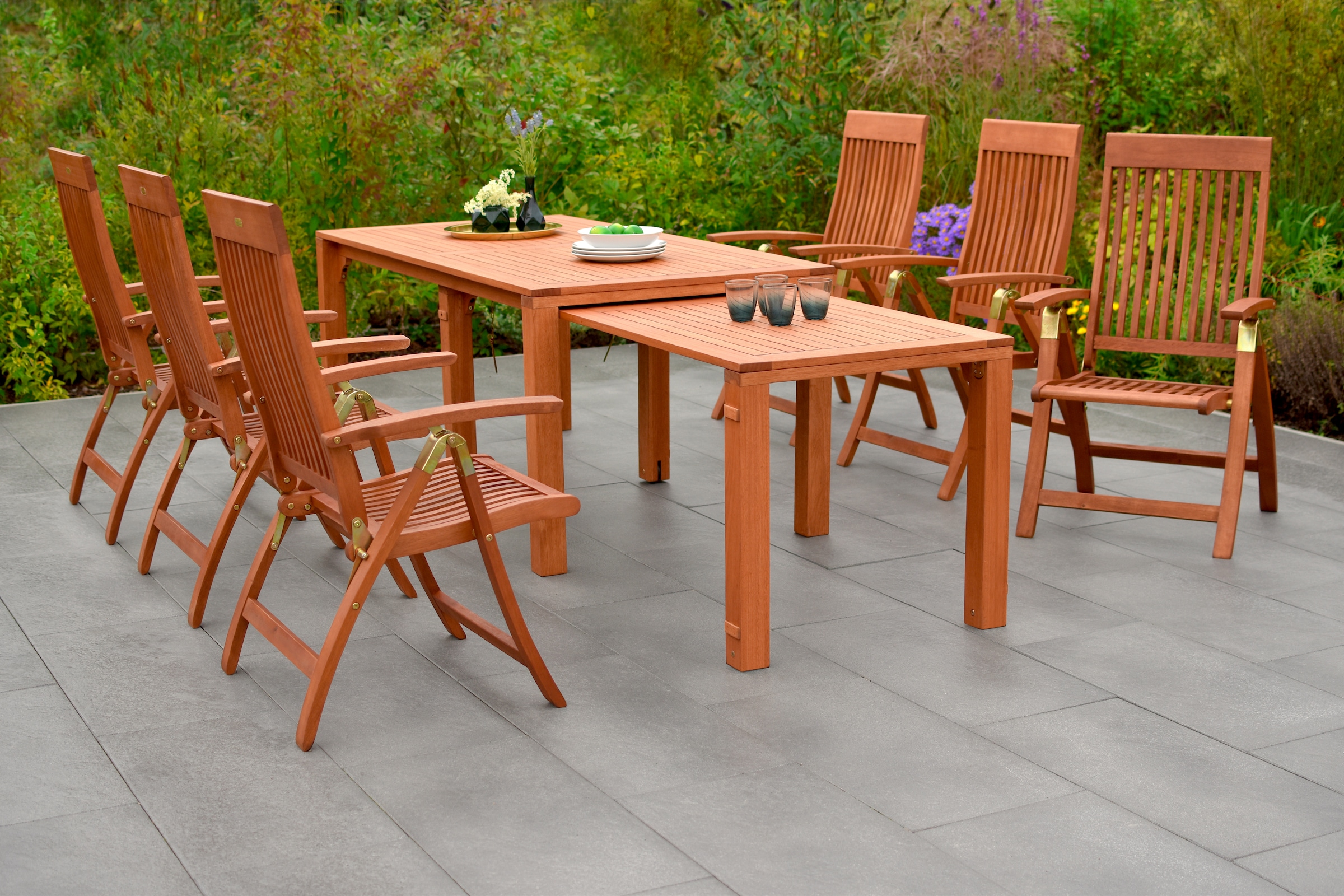 MERXX Garten-Essgruppe "Comodoro" Set, 7 Stk. tlg. 7 Klappsessel, 5-fach verstellbar, Ausziehtisch