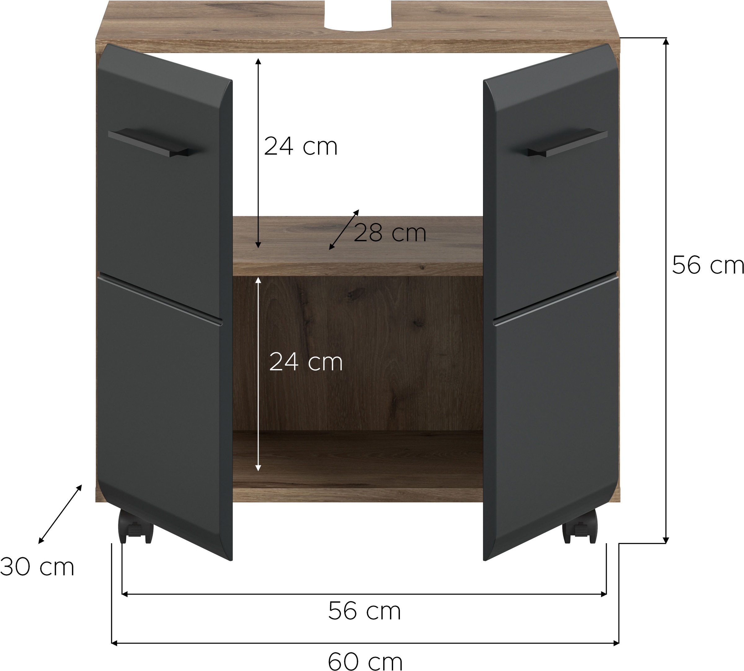 welltime Waschbeckenunterschrank »FLORENZ,  Breite 60cm, inkl. Siphonausschnitt, mit Türen oder Schüben« TOPSELLER!,  hochwertige MDF Front, Griff schwarz, Badschrank, Bad