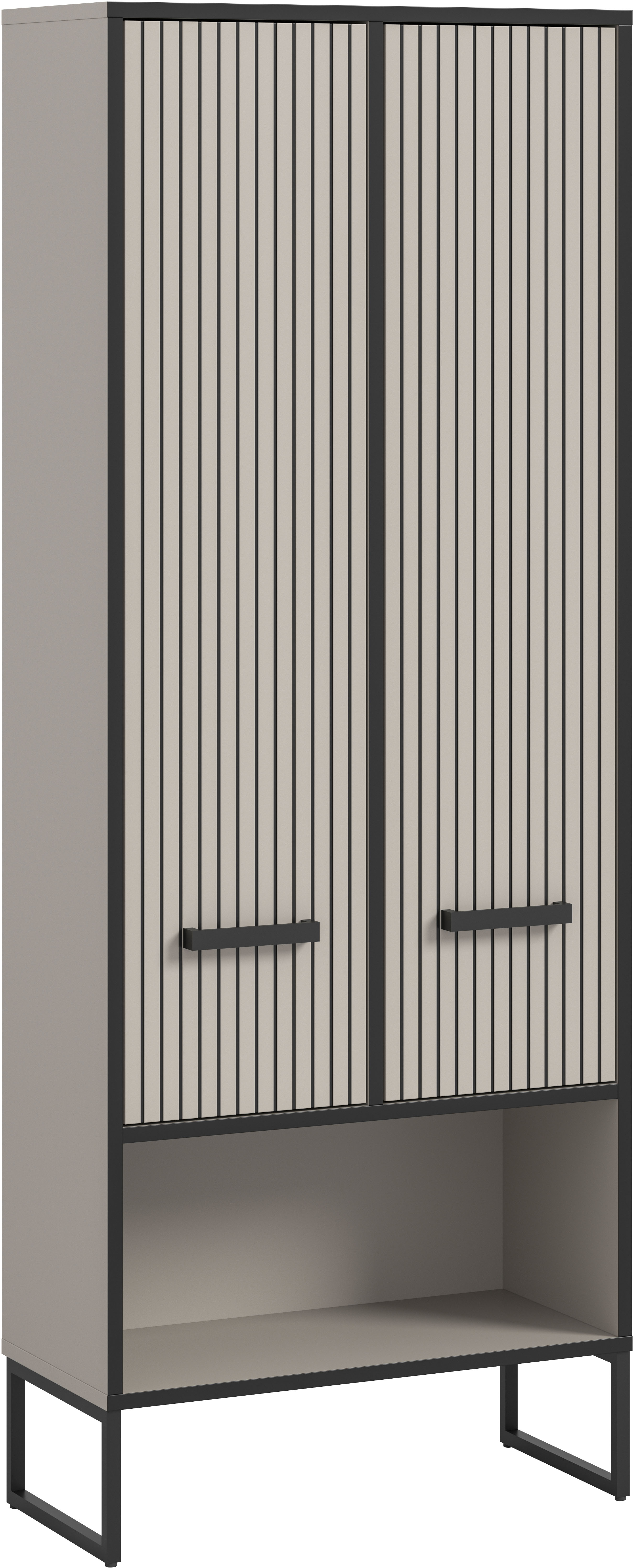welltime Hochschrank "LOCRI, Höhe 159 cm, 2 Türen, 6 Einlegeböden, 1 offenes Fach" industrial Look mit Rillenoptik & Metall Kufen, 1 Stk. tlg. variable Einlegeböden, modernes Design, Badschrank, Bad