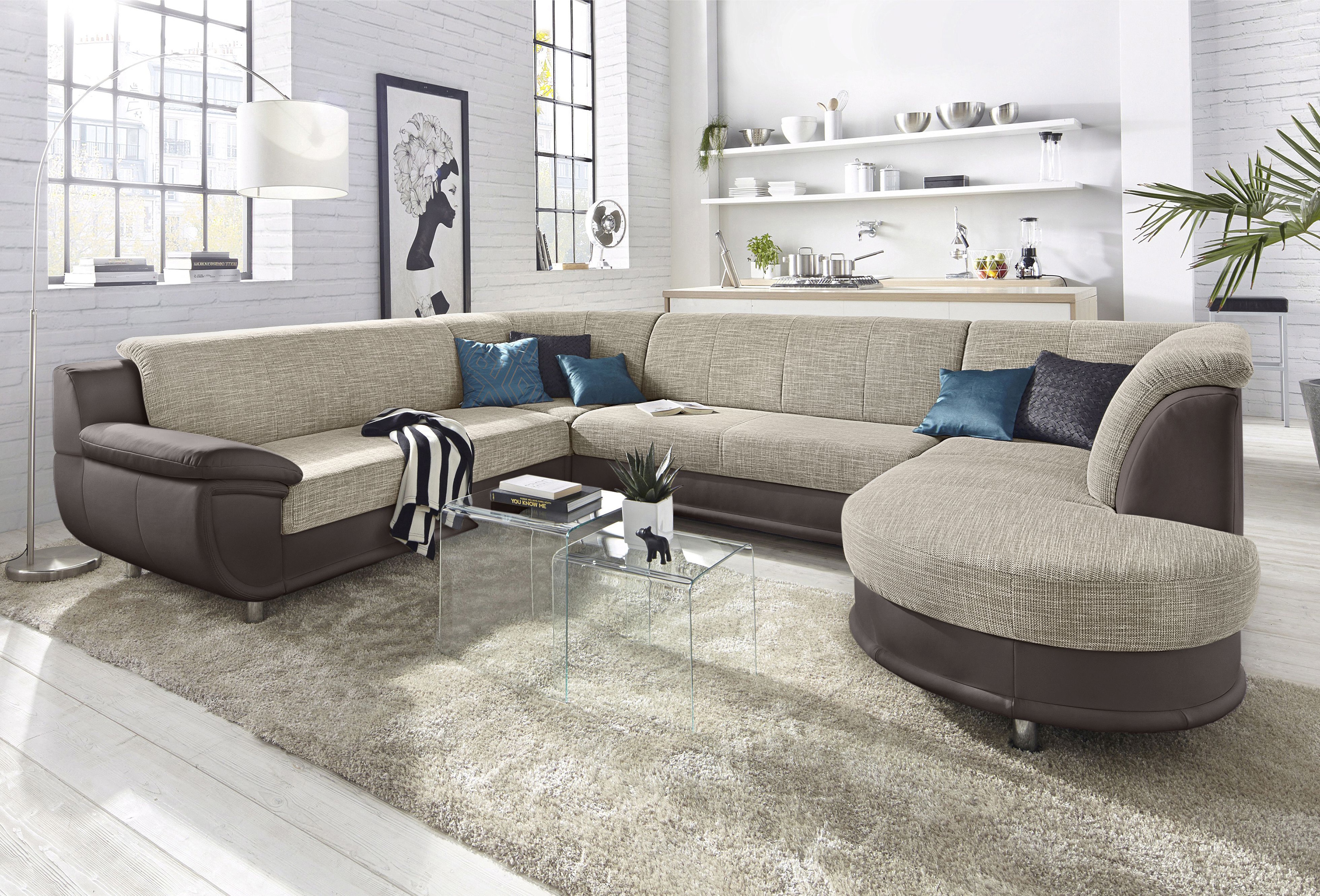 TRENDMANUFAKTUR Wohnlandschaft "Rondo 3, zeitlos und modern, im Materialmix, U-Form" wahlweise für mehr Komfort mit Federkern, wahlweise mit Bettfunktion