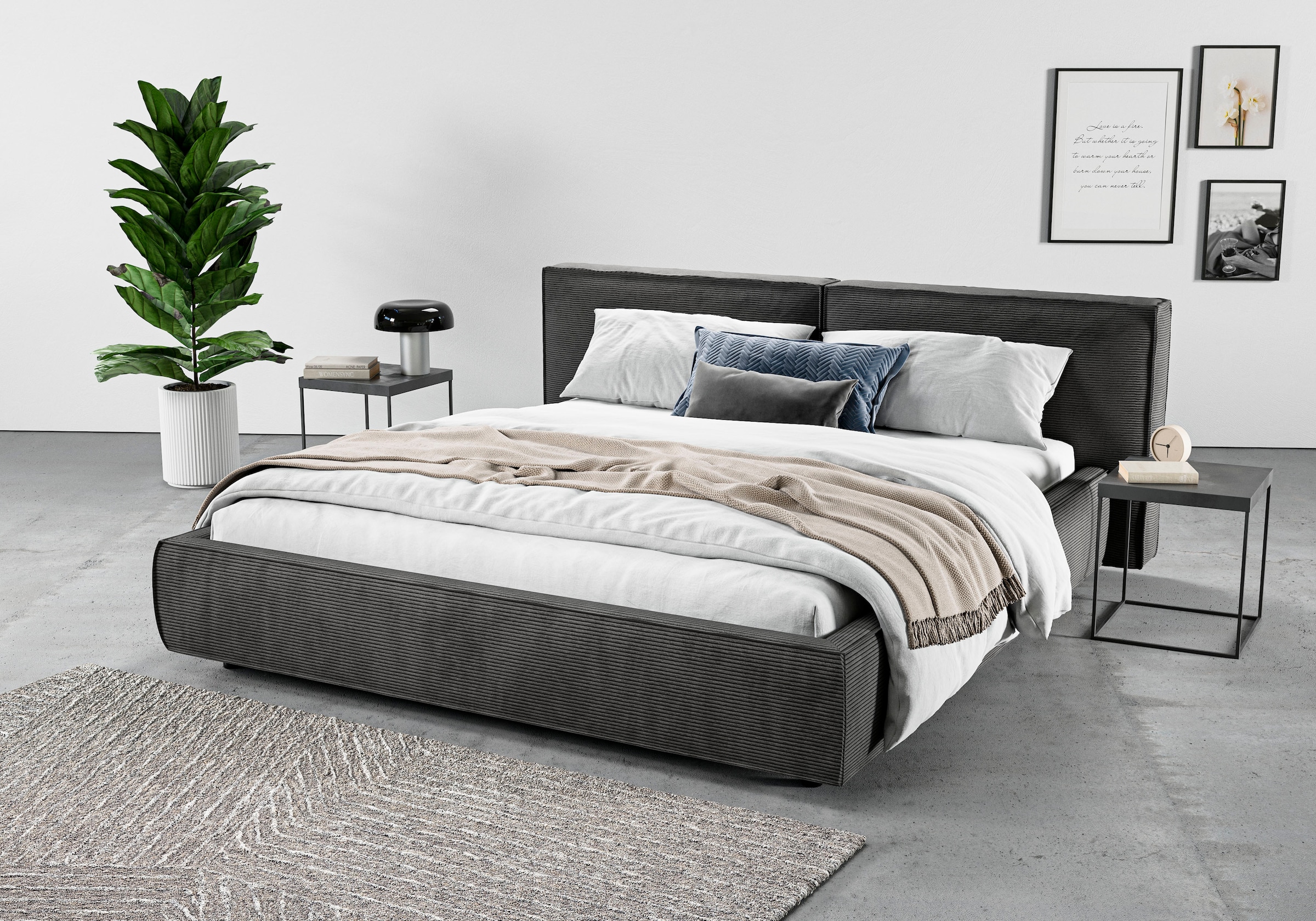 Polsterbett HOME AFFAIRE "Adrina mit Biesenoptik, Feincord und Luxus-Microfaser", grau (anthrazit), B:202cm H:91cm L:230cm, 95% Polyester;5% Nylon, Betten, Polsterbett, bis 280kg, auch in Überlänge 220 cm, 4 Breiten bis 200cm