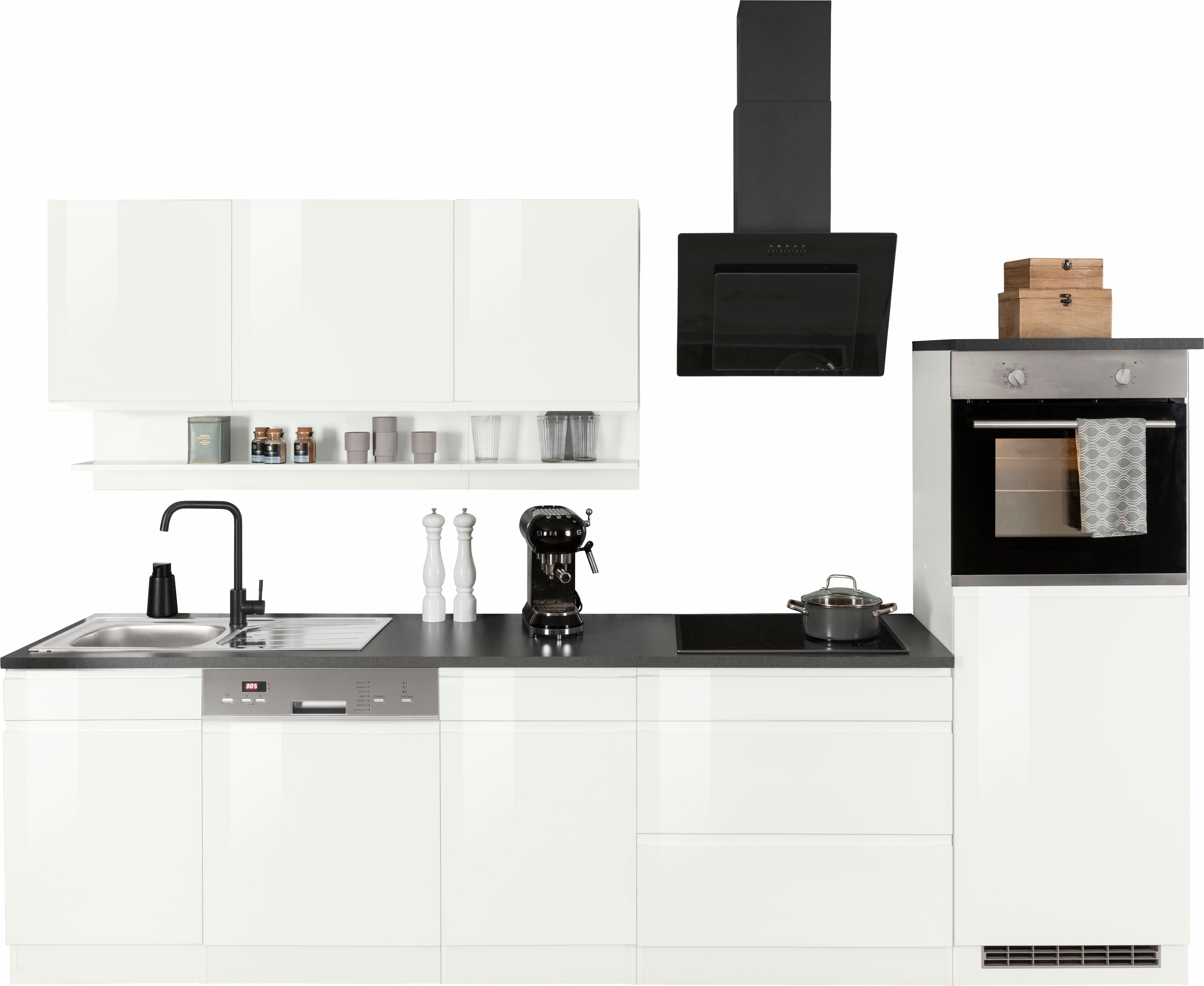 KOCHSTATION Küchenzeile "KS-Virginia,neu in verbesserter Ausführung" Arbeitsplatte 38 mm stark, Stauraum, Softclose, Breite 300 cm, Soft-Close, wahlweise mit Induktion