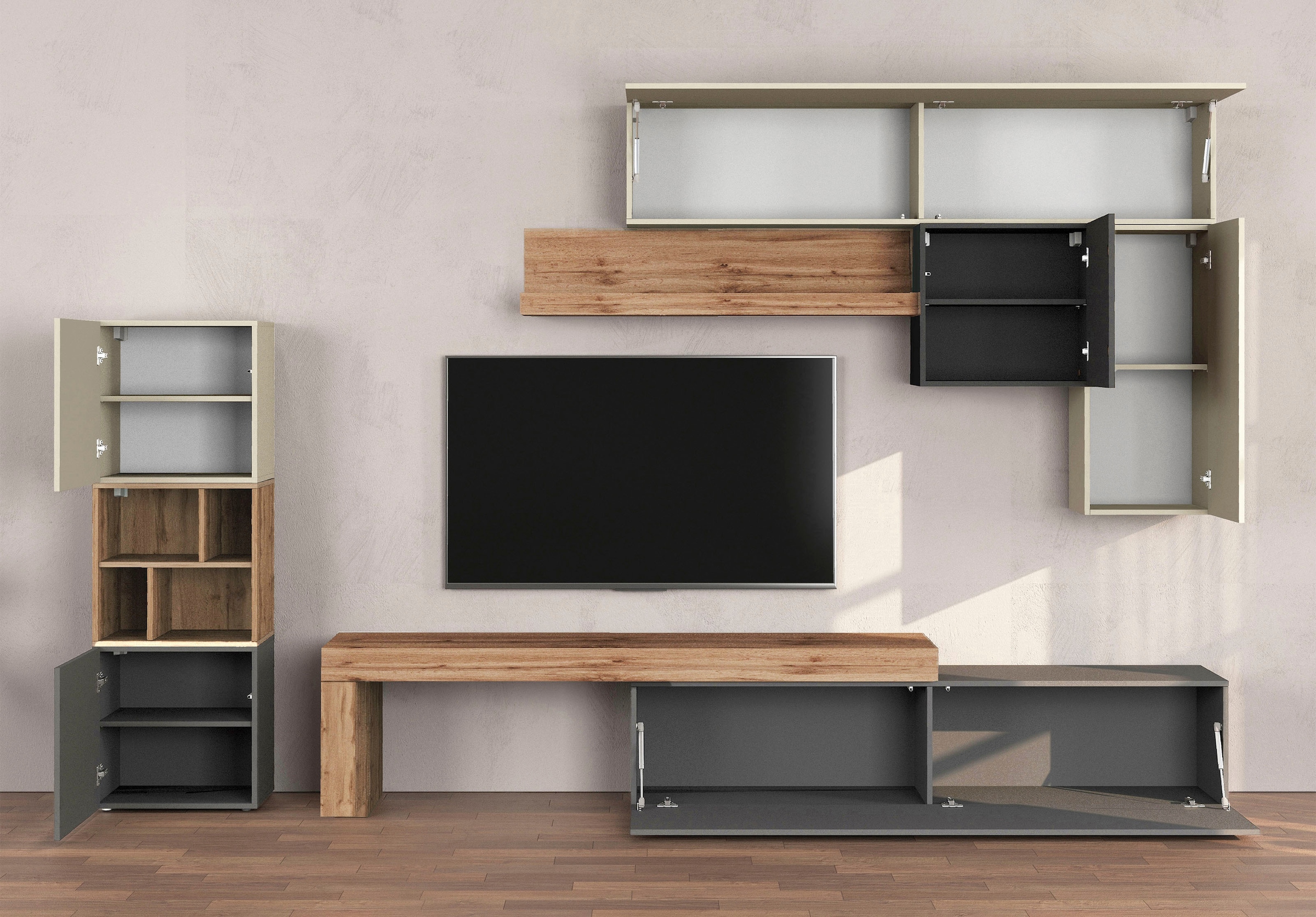 INOSIGN Wohnwand »Chronos Wohnwand, Medienwand, 8-er set«, (Set, 8 St.), ca. 320 cm mit Hängeschränke, Würfel, Regal, Lowboard, Made in Italy