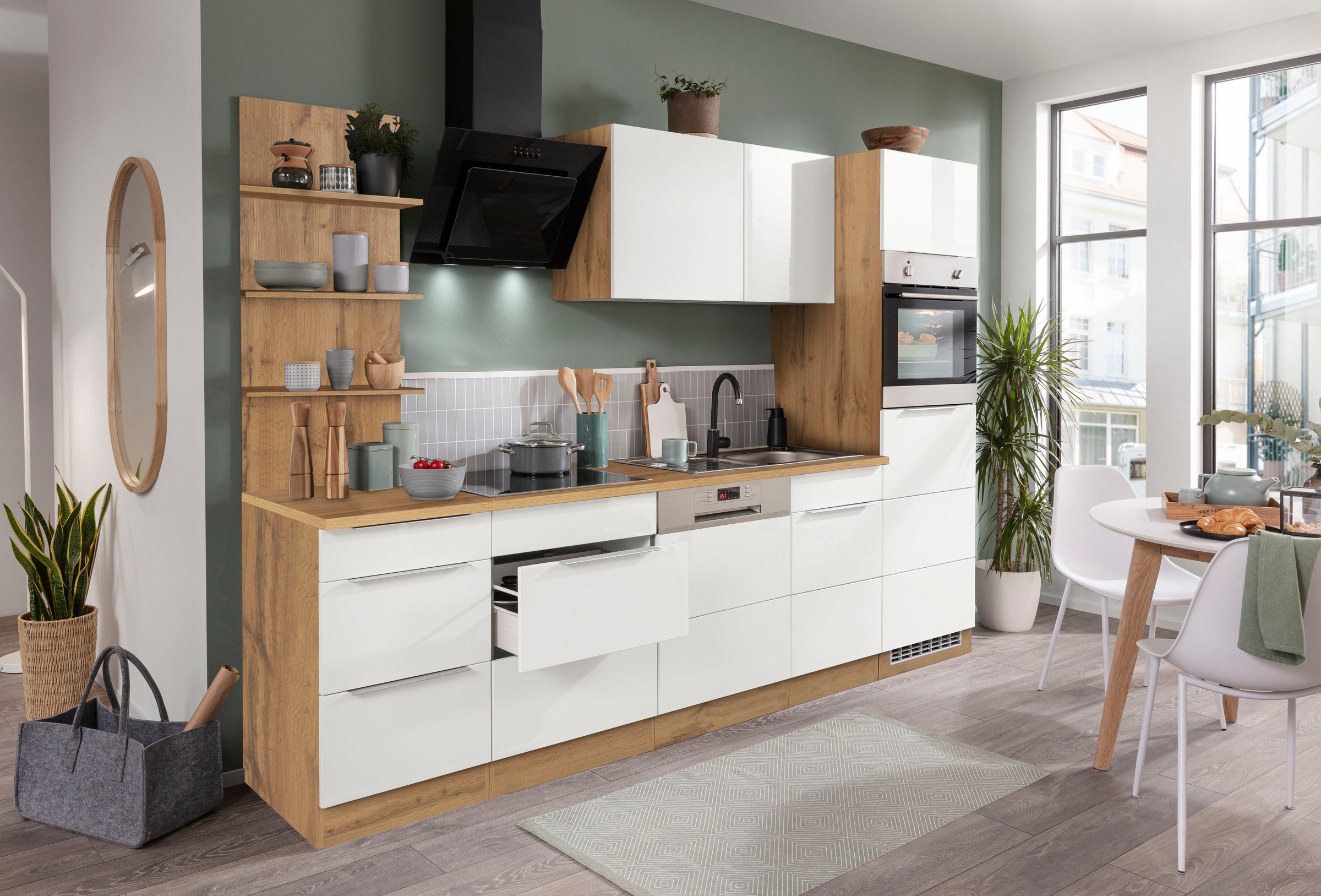 KOCHSTATION Küchenzeile »KS-Brindisi Breite 280 cm« wahlweise mit E-Geräten und Induktion, mit MDF-Fronten und Regal