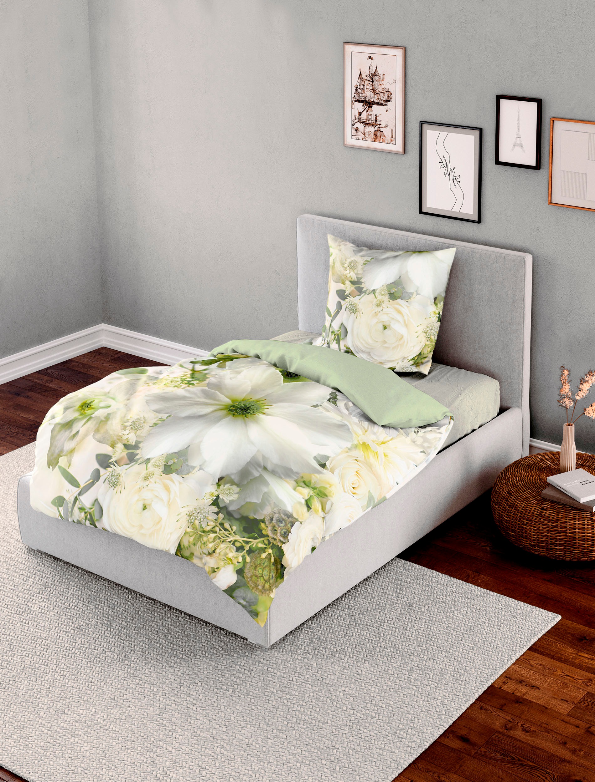 BIERBAUM Wendebettwäsche "Green Flower" 2 Stk. tlg. Mako-Satin, 100 % Baumw günstig online kaufen