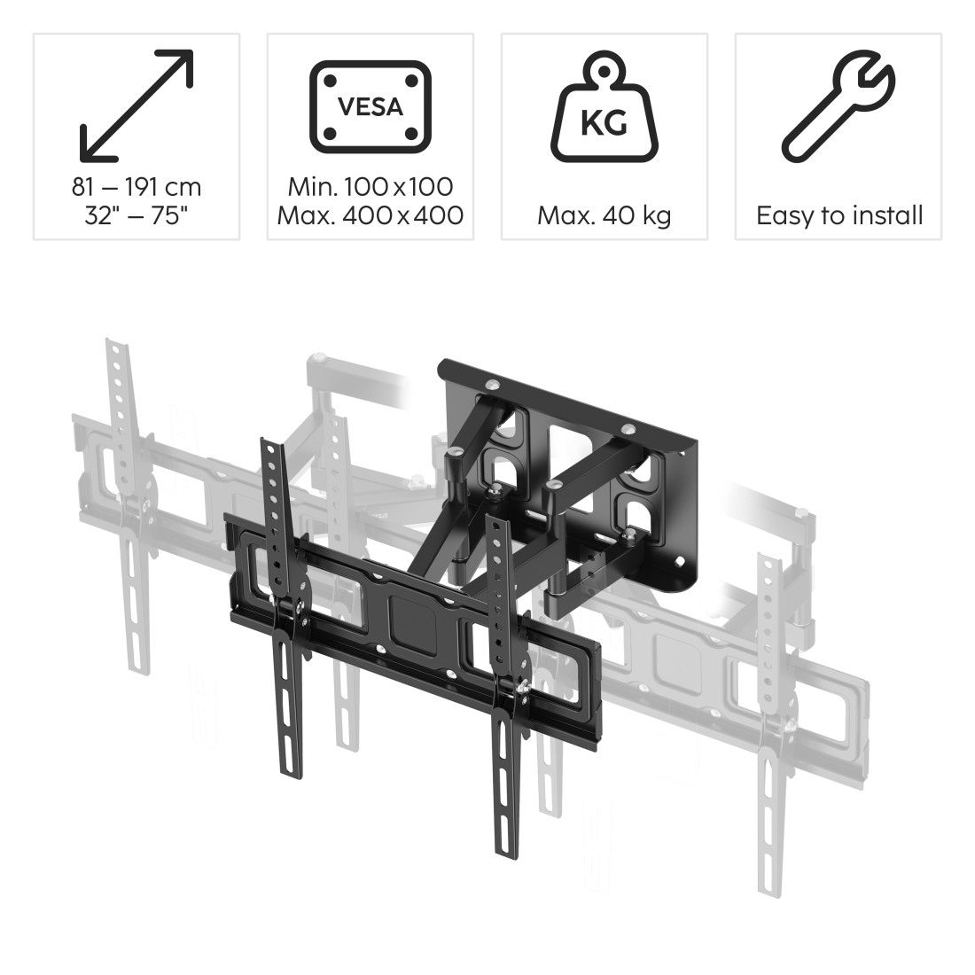 Hama TV-Wandhalterung »TV-Wandhalterung vollbeweglich 32 bis 75 Zoll 55 65 75 bis 40 kg« Schwenkbar 160 Grad, neigbar 15 Grad, ausziehbar