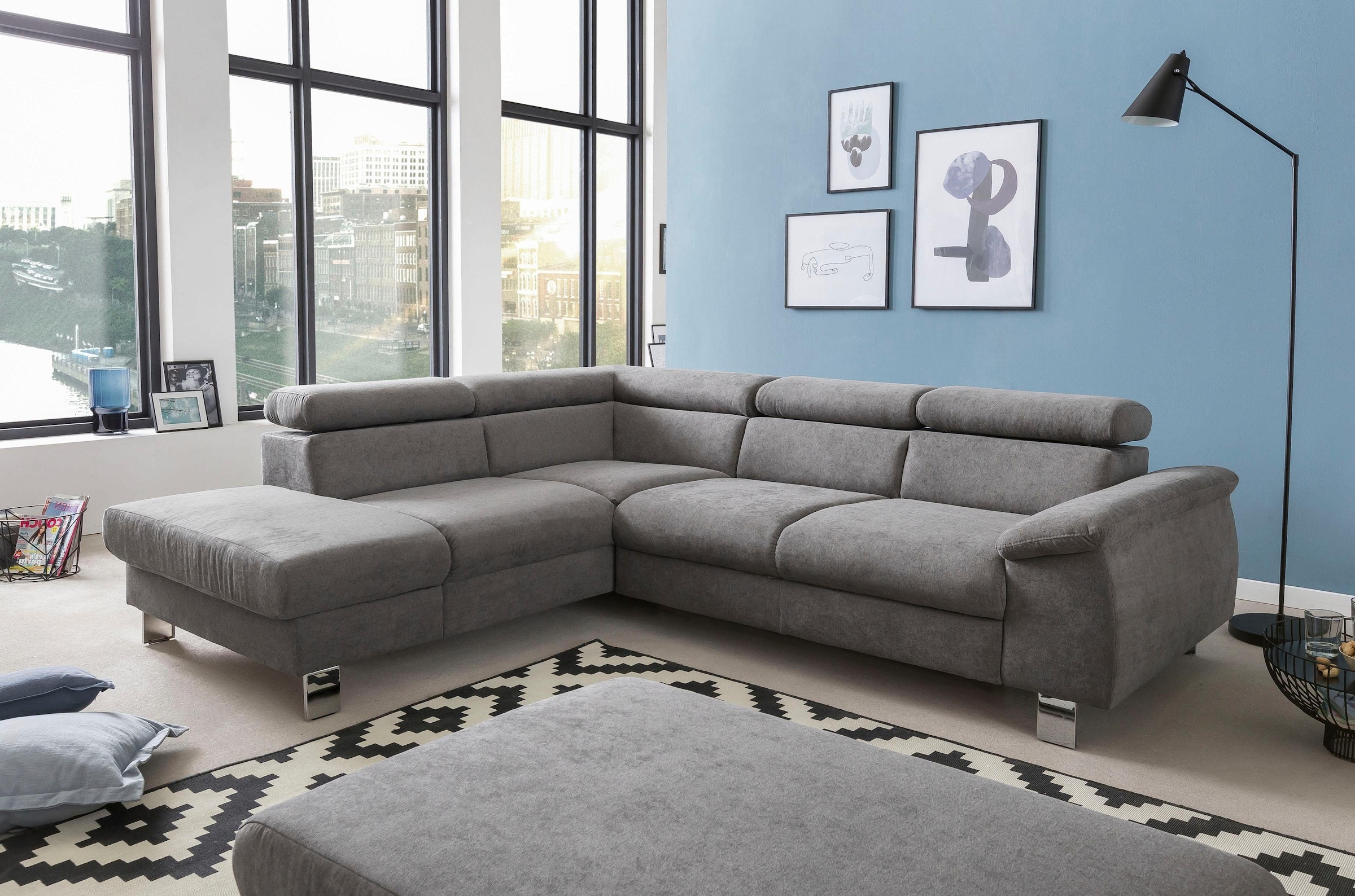 COTTA Ecksofa »Komaris L-Form mit Kopfteilverstellung«, wahlweise mit Bettfunktion, Bettkasten & Beleuchtung