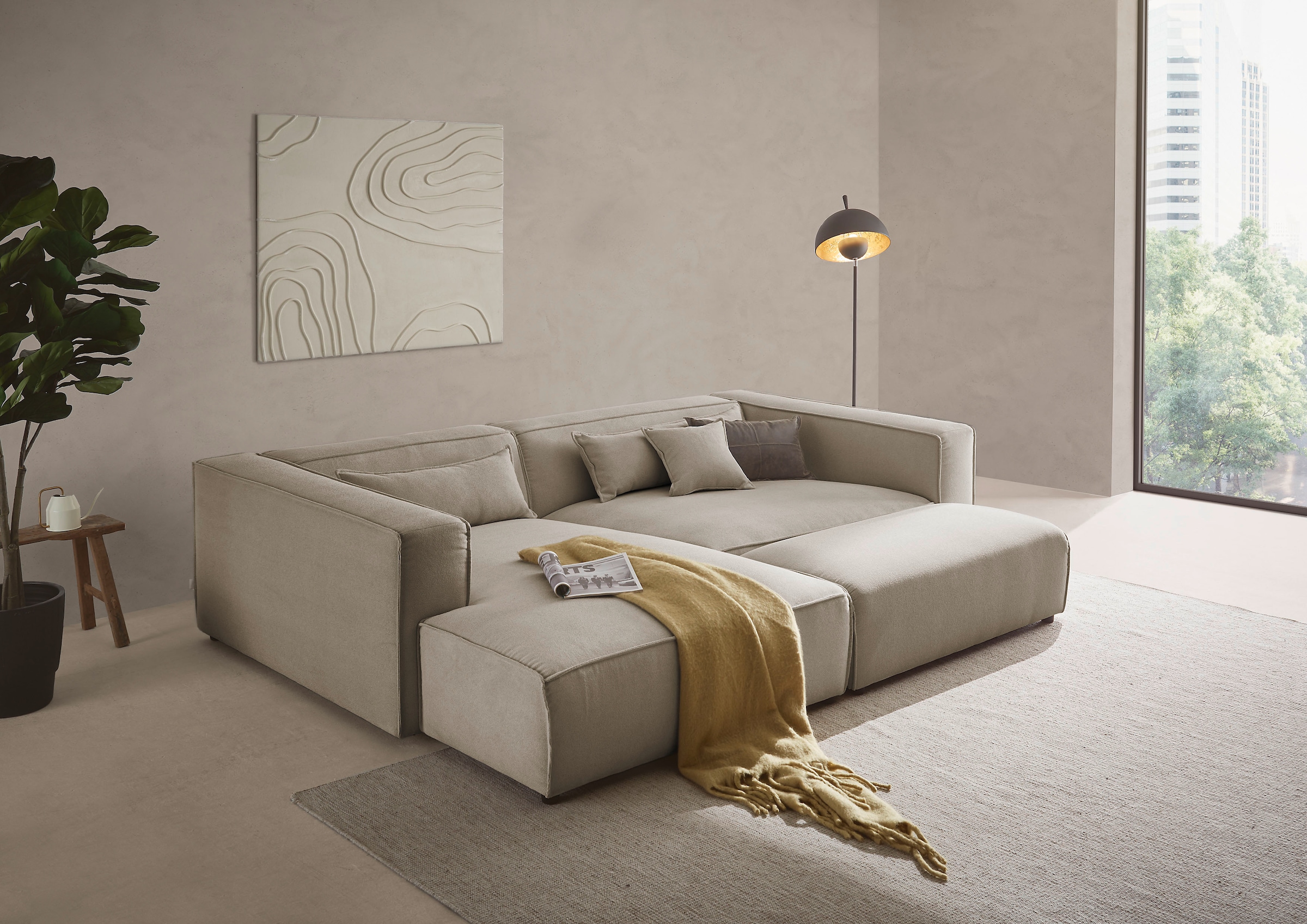 LeGer Home by Lena Gercke Polsterecke »PIARA XXL, L-Form mit Schlaffunktion, Big-Sofa in Cord o. Leinenoptik«, Hocker stellbar zum Schlafsofa (Krokodilverbinder), tiefe Sitzfläche