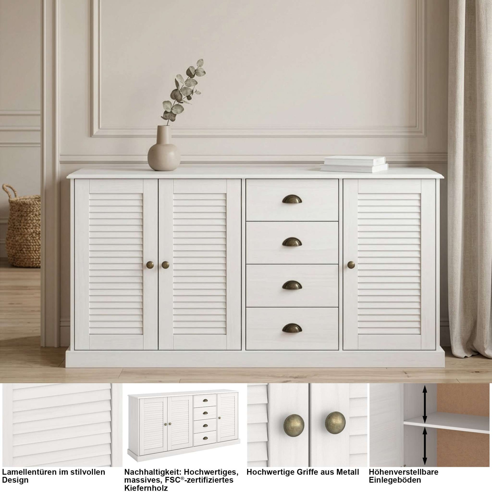 OTTO home Sideboard »Turia, mit Lamellentüren« Kommode aus massivem Kiefernholz, FSC®, 4 Schubkasten, Breite 166 cm