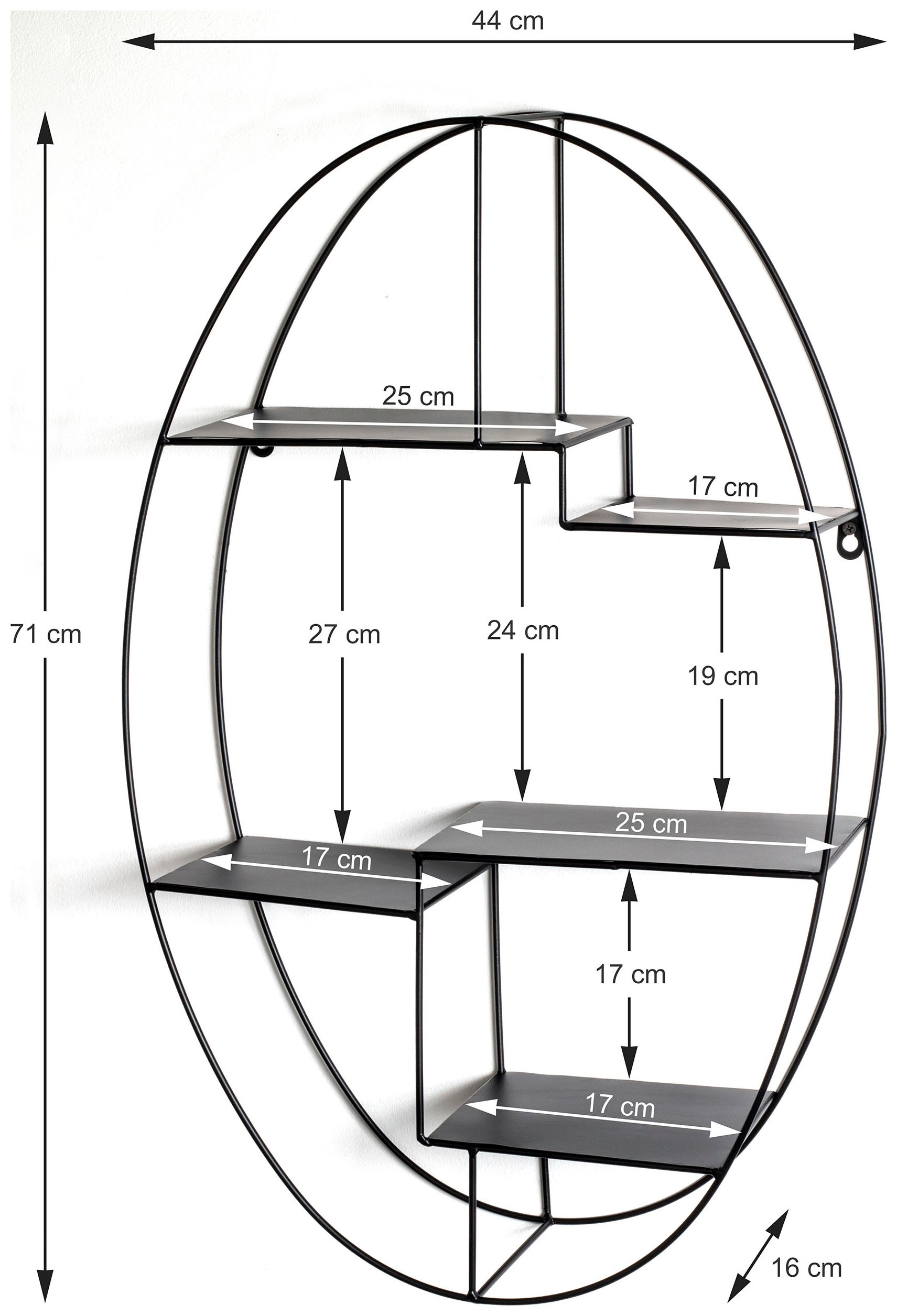 HAKU Wandregal »Hängeregal, Wandboard« oval - aus Metall Schwarz - B/T/H 44/16/71 cm