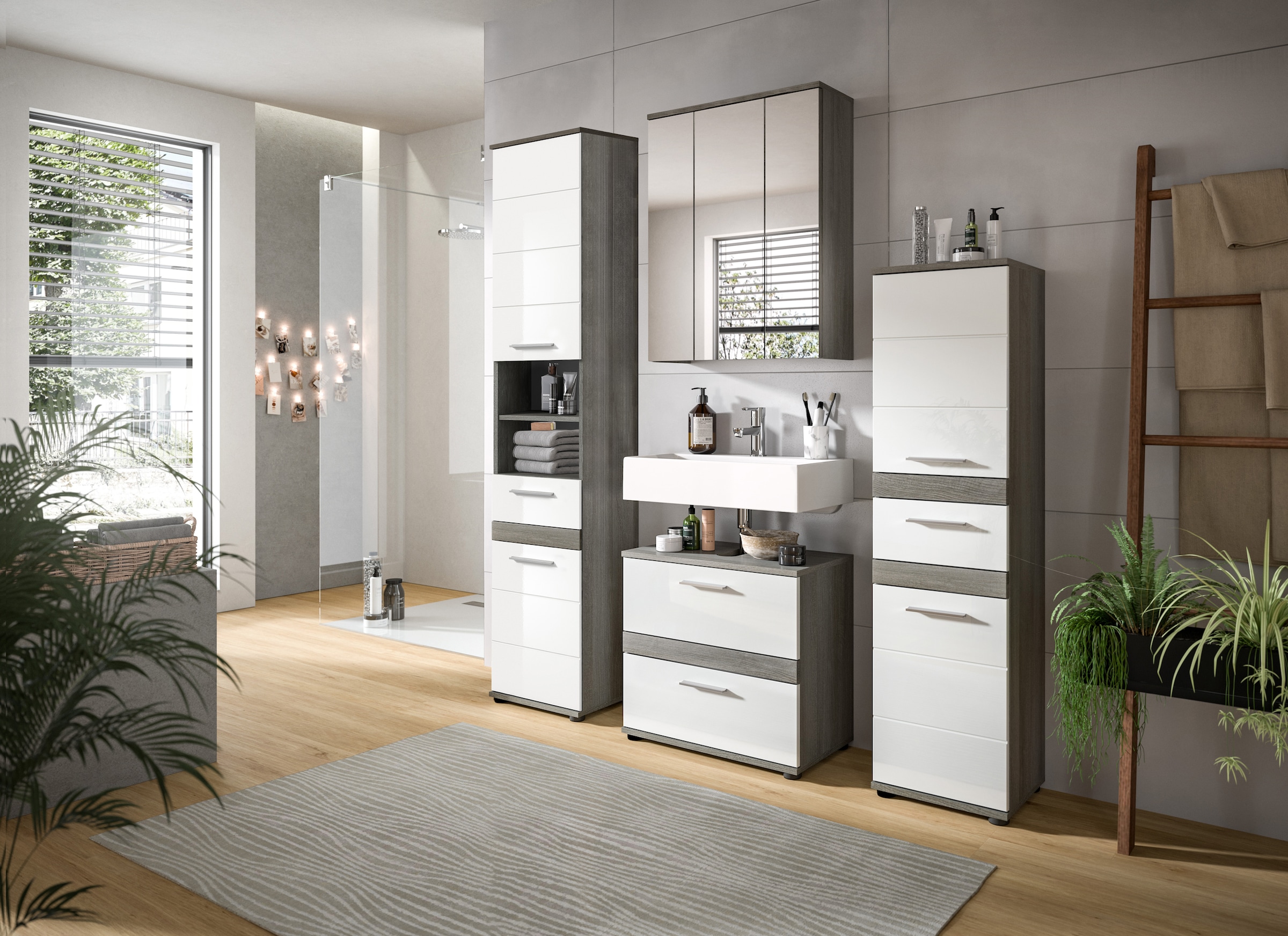 welltime Badmöbel-Set »LUCCA, 4-teilig, TOPSELLER!, MDF Hochglanzfront, bestehend aus:«, (Set, 4 St.), Hochschrank, Waschbeckenunterschrank, Spiegelschrank, Standschrank