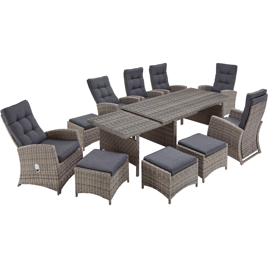 KONIFERA Garten-Essgruppe »Monaco«, (Set, 27 tlg., 6x Sessel, 4x Hocker, 1x AZ-Tisch 200-366x100x75,5 cm, inkl. Auflagen), für 10 Personen Aluminium, Polyrattan, Rückenlehne verstellbar