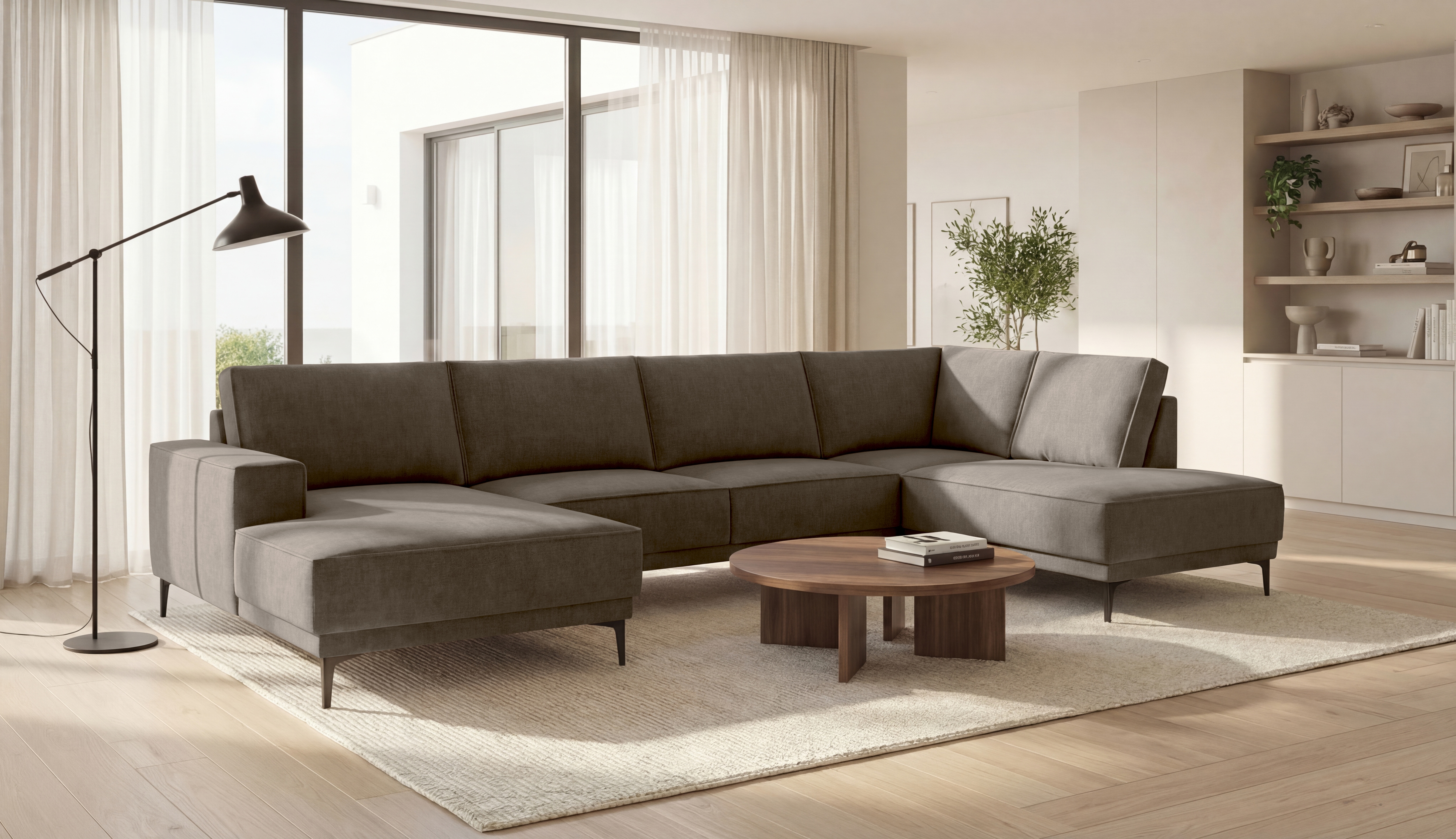 OTTO home Wohnlandschaft "OLAND Bouclé U-Form, XXL, B: 345 cm, Skandi-Design" U-Form, 345 cm, Wellenunterfederung, Skandi-Design, Metallfüße