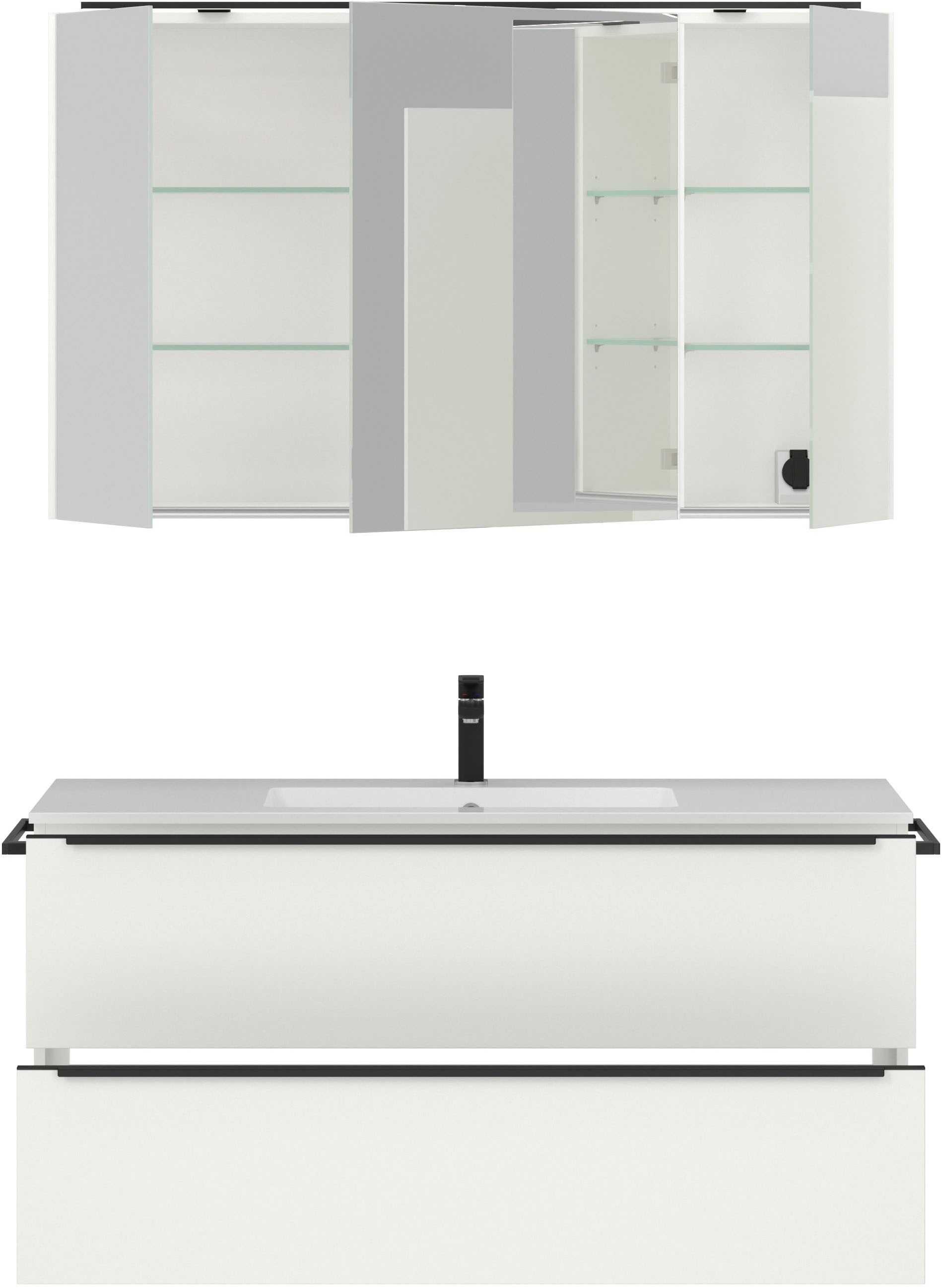 nobilia® Badmöbel-Set »Levere«, (2 St., vormontiert, mit Soft-Close), inkl. Spiegelschrank mit Beleuchtung und Dimmerfunktion, in 4 Breiten