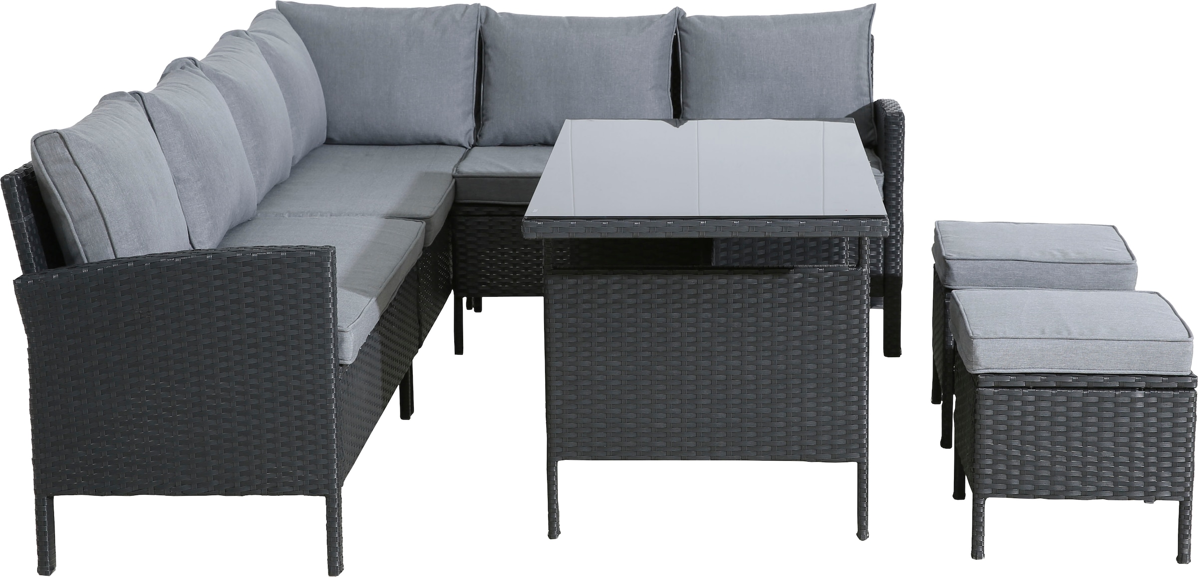 KONIFERA Gartenlounge-Set »»Manhattan««, (Set, 18 tlg., Ecklounge, Tisch 66x120x74 cm, 2 Hocker, inkl. Auflagen), Stahl/Polyrattan