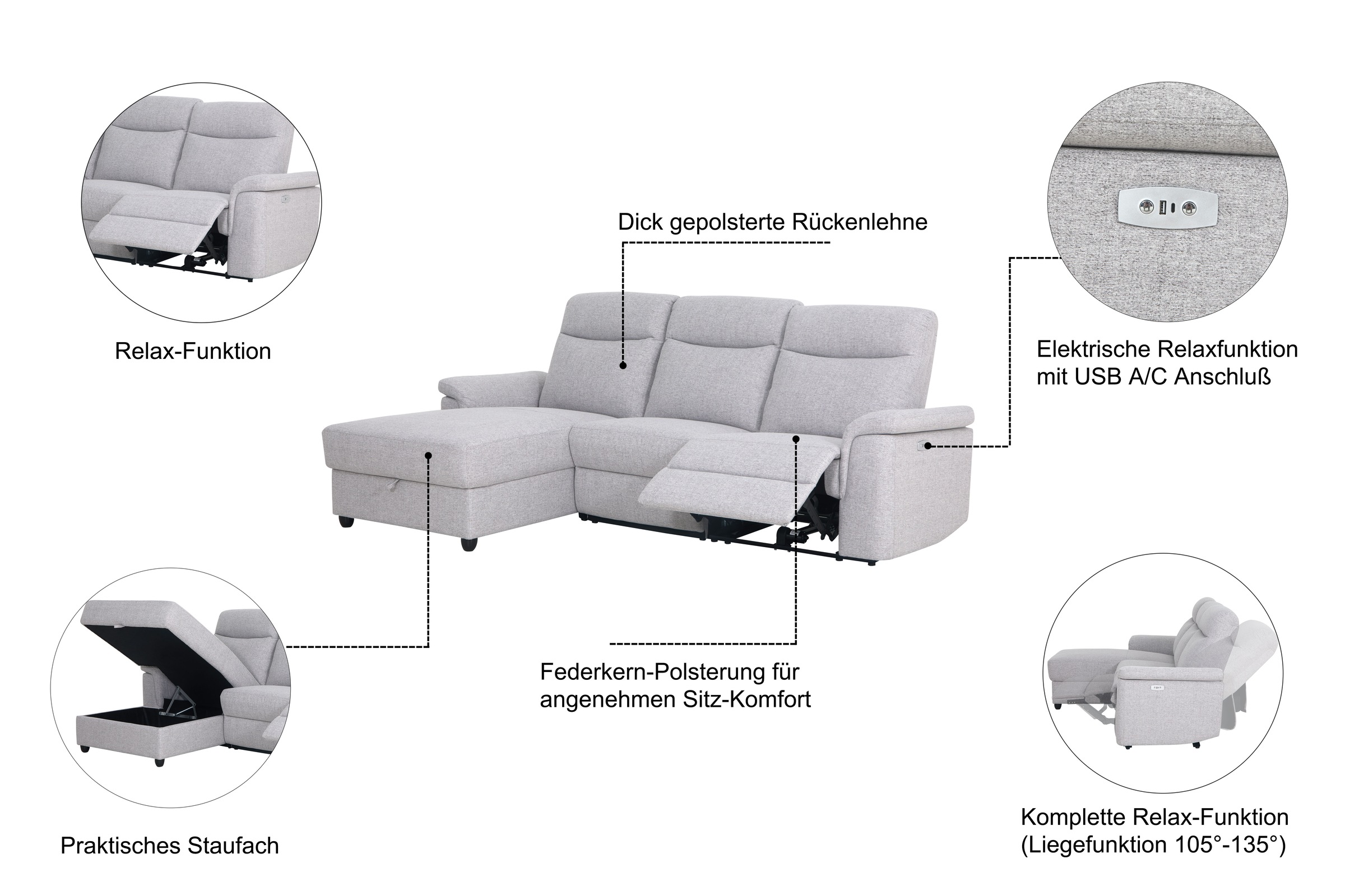Thumbnail - Home affaire Ecksofa "BRIONNE, L-Form, 255cm, manuelle u. elektrische Funktion (USB A/C)," Liegefunktion, Stauraum, Fede...